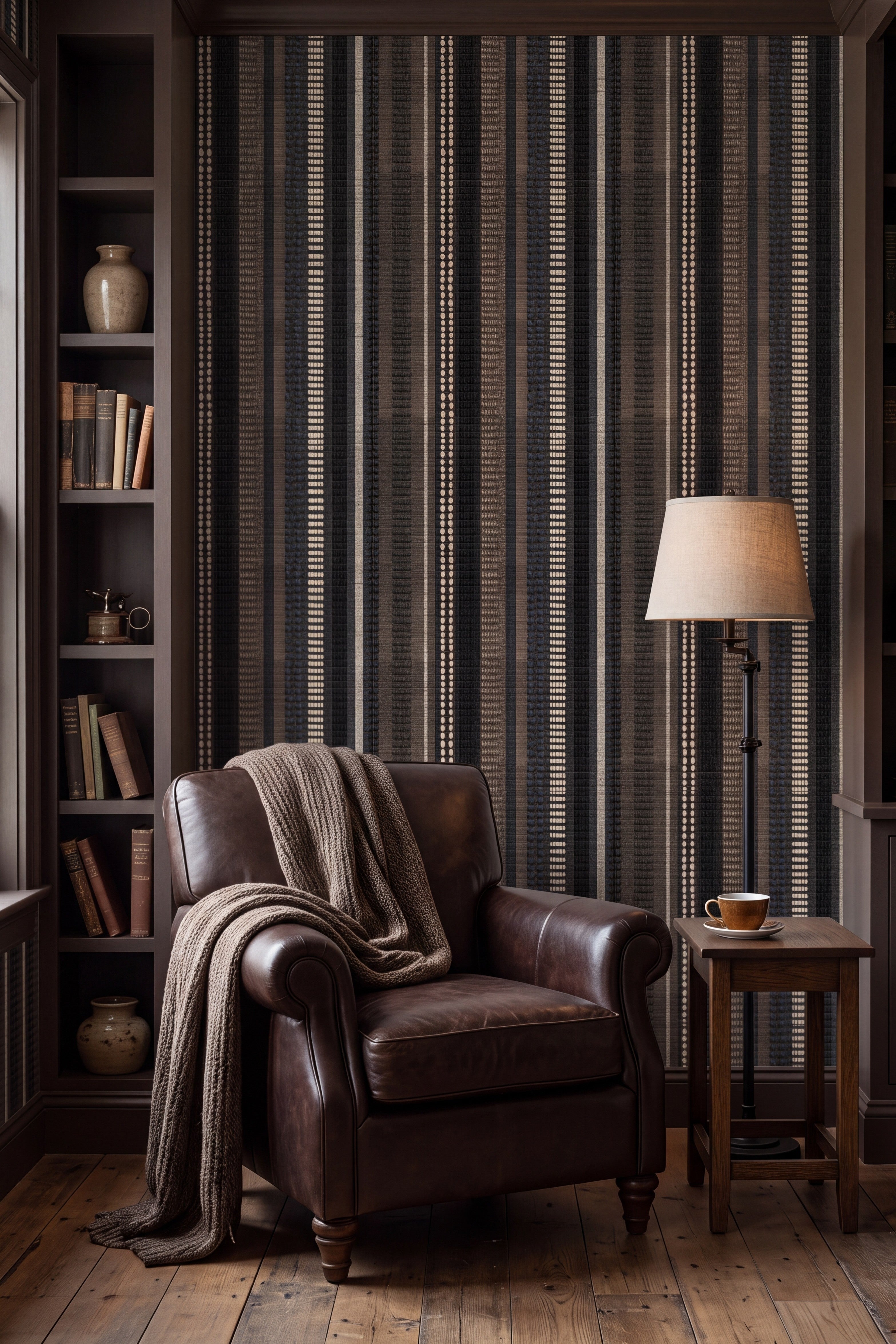 Midnight Homespun wallpaper shown in a reading nook
