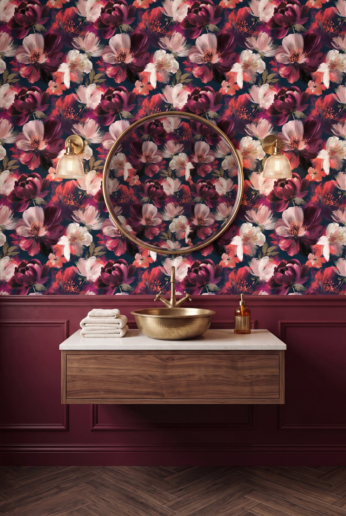 Garnet Bloom wallpaper shown in a powder room