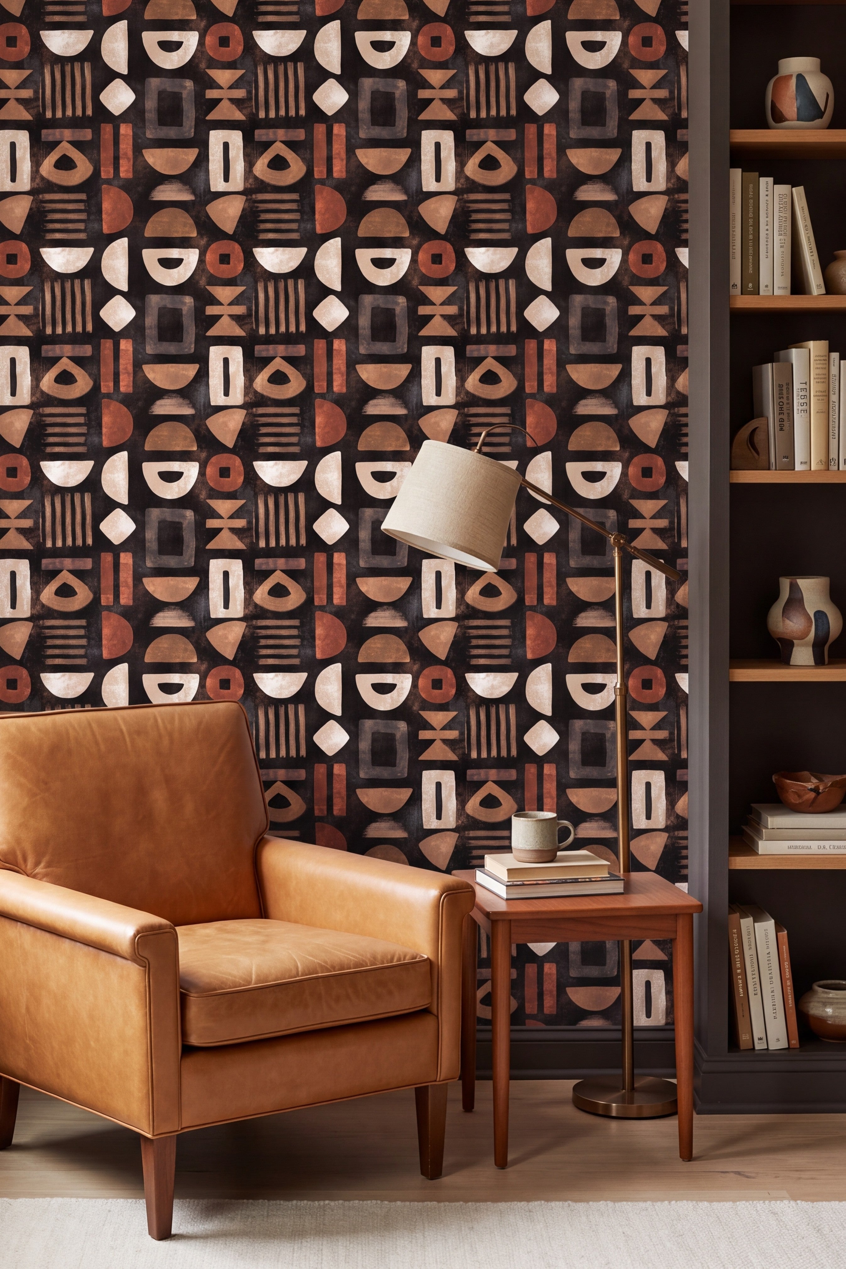 Ember Glyph wallpaper shown in a reading nook