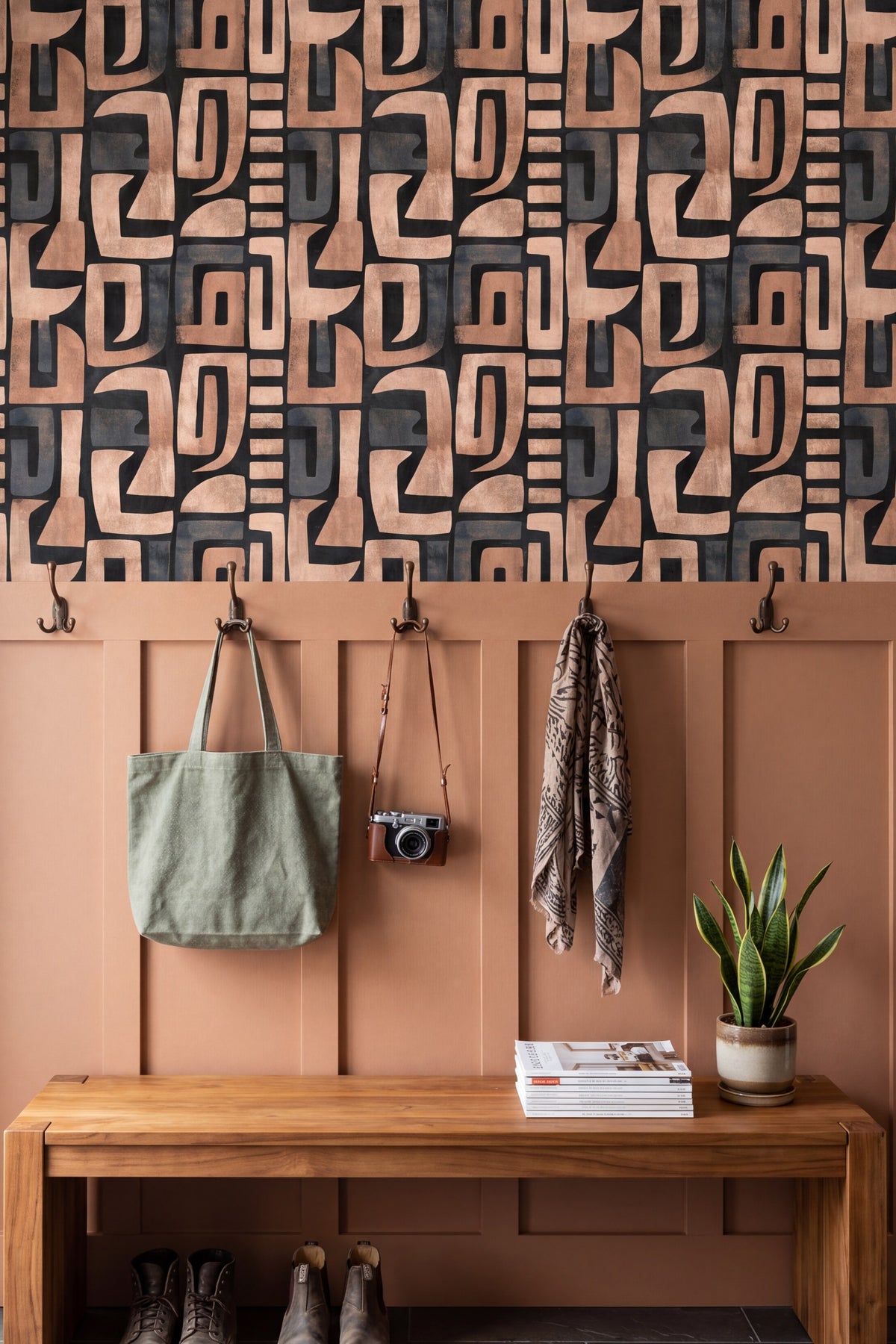 Adobe Block wallpaper shown in a mudroom