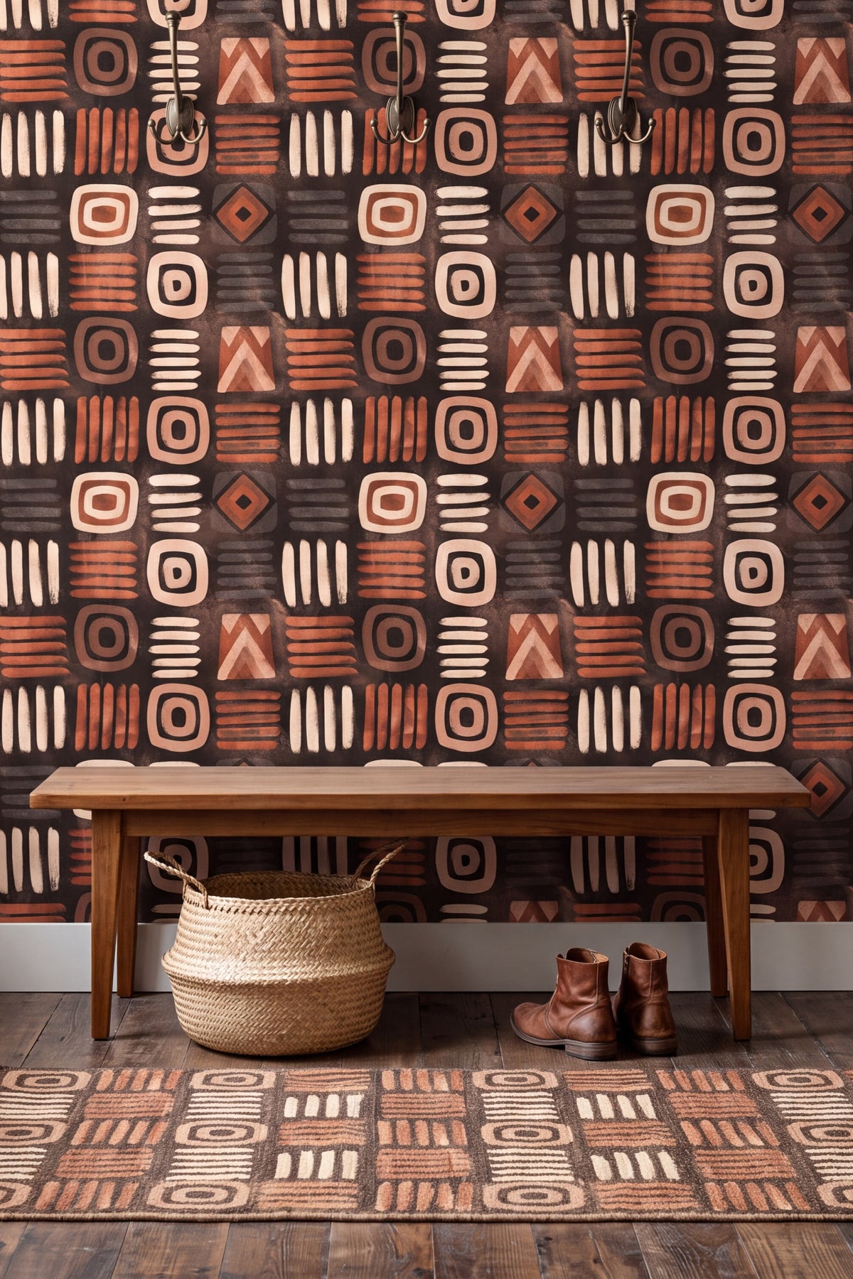 Clay Codex wallpaper shown in a mudroom
