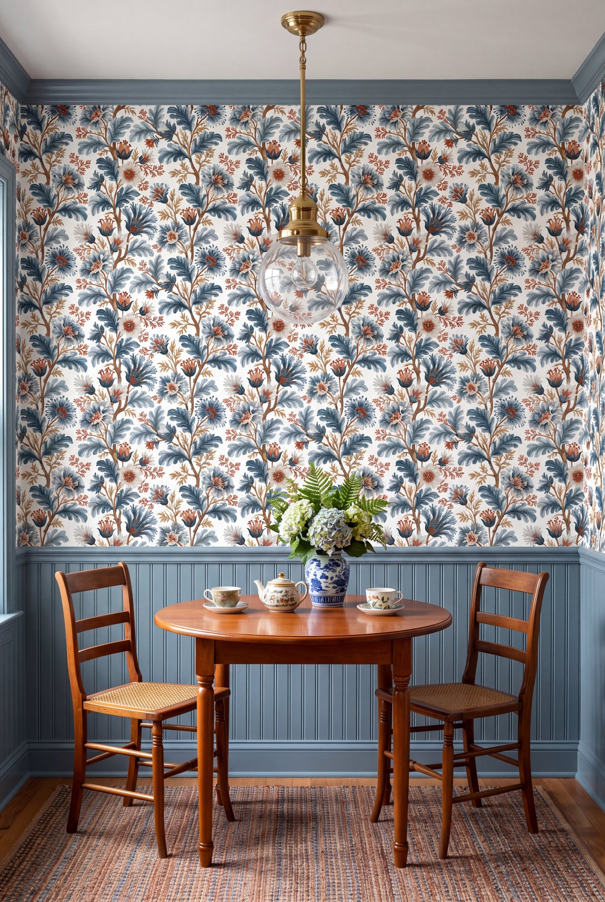 Delft Branch wallpaper shown in a kitchen breakfast nook