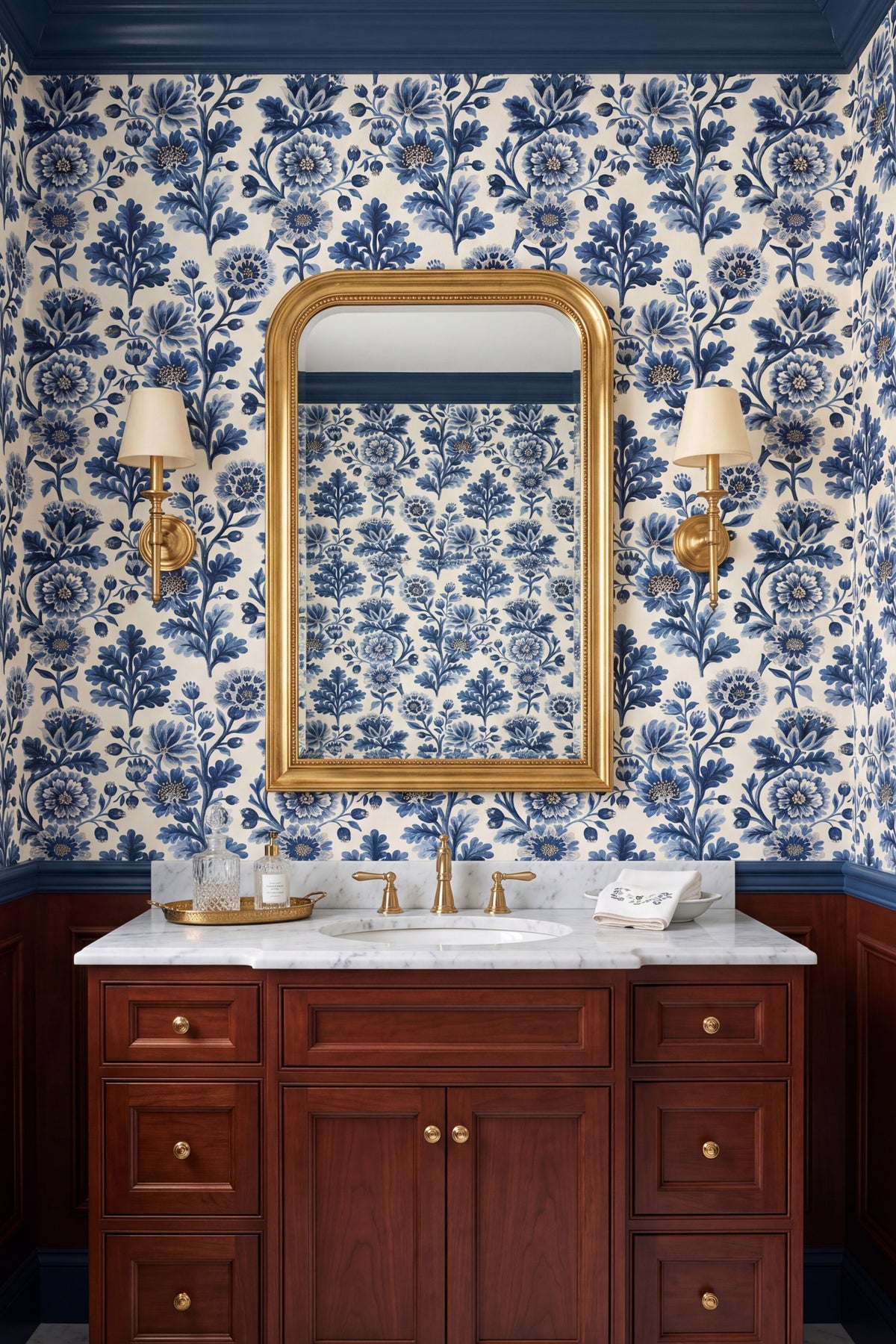 Porcelain Blue wallpaper shown in a powder room