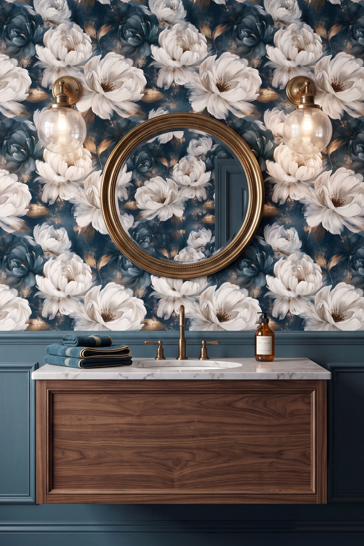 Pearl Nocturne wallpaper shown in a powder room