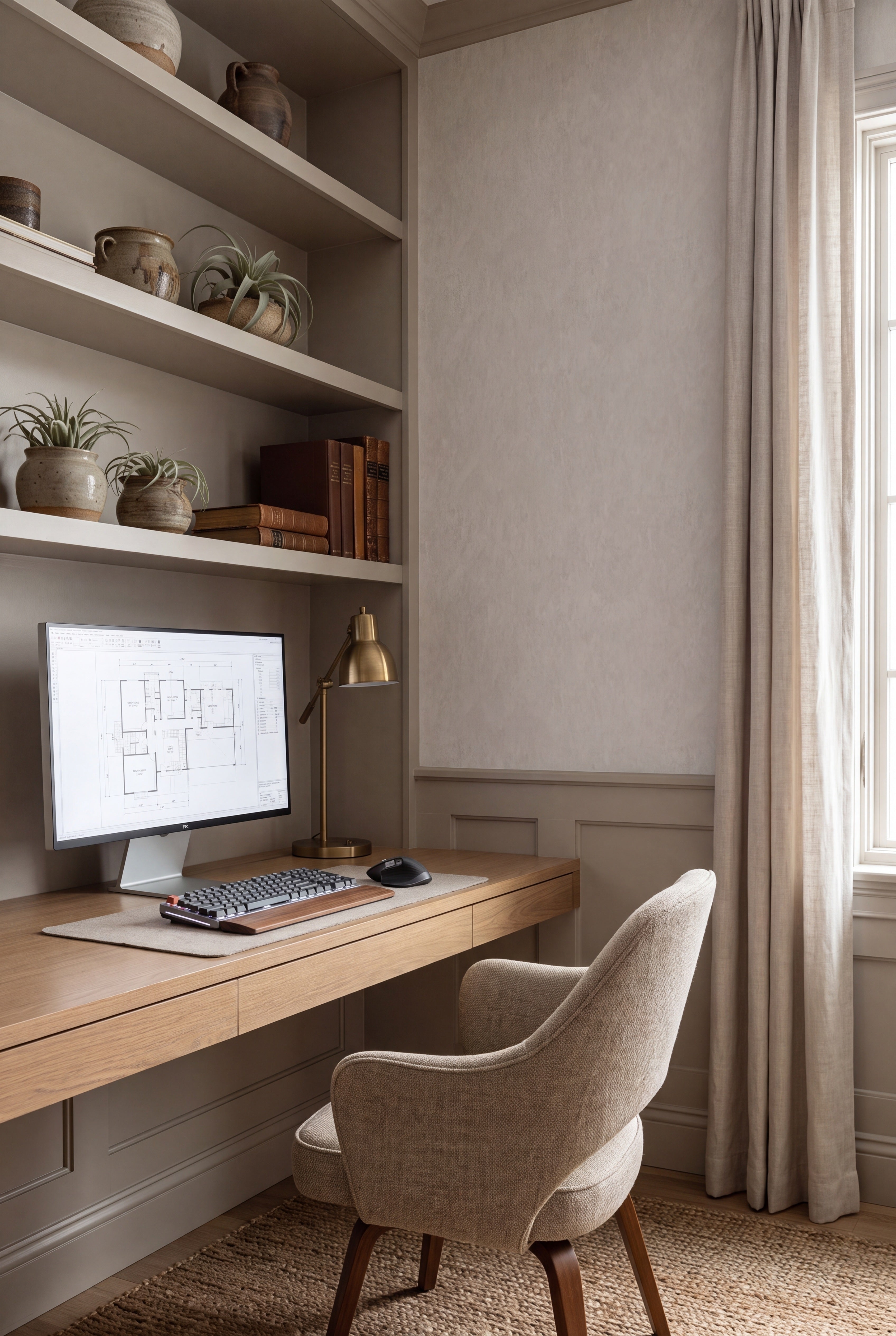 Oyster Shell wallpaper shown in a home office