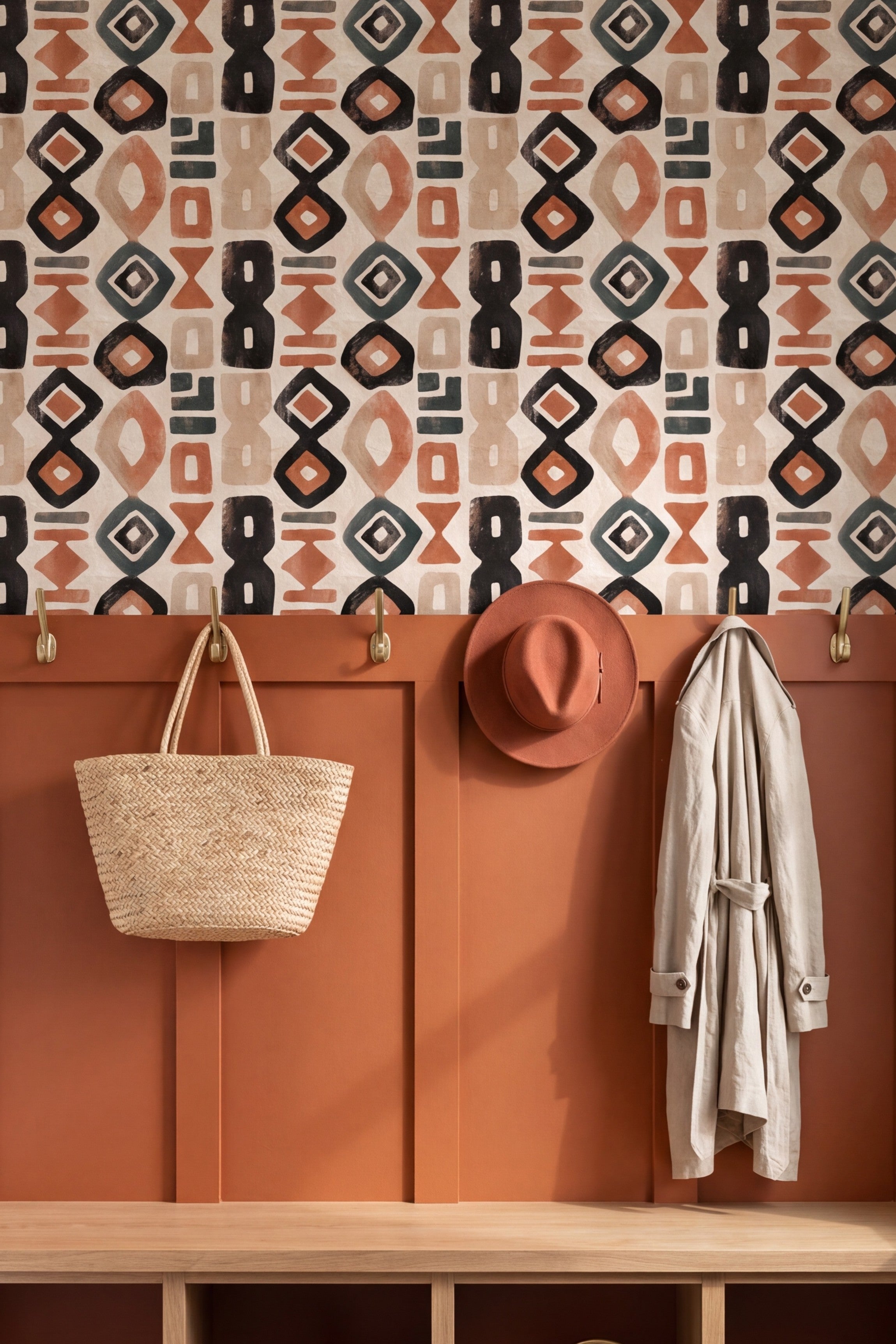 Talisman wallpaper shown in a mudroom