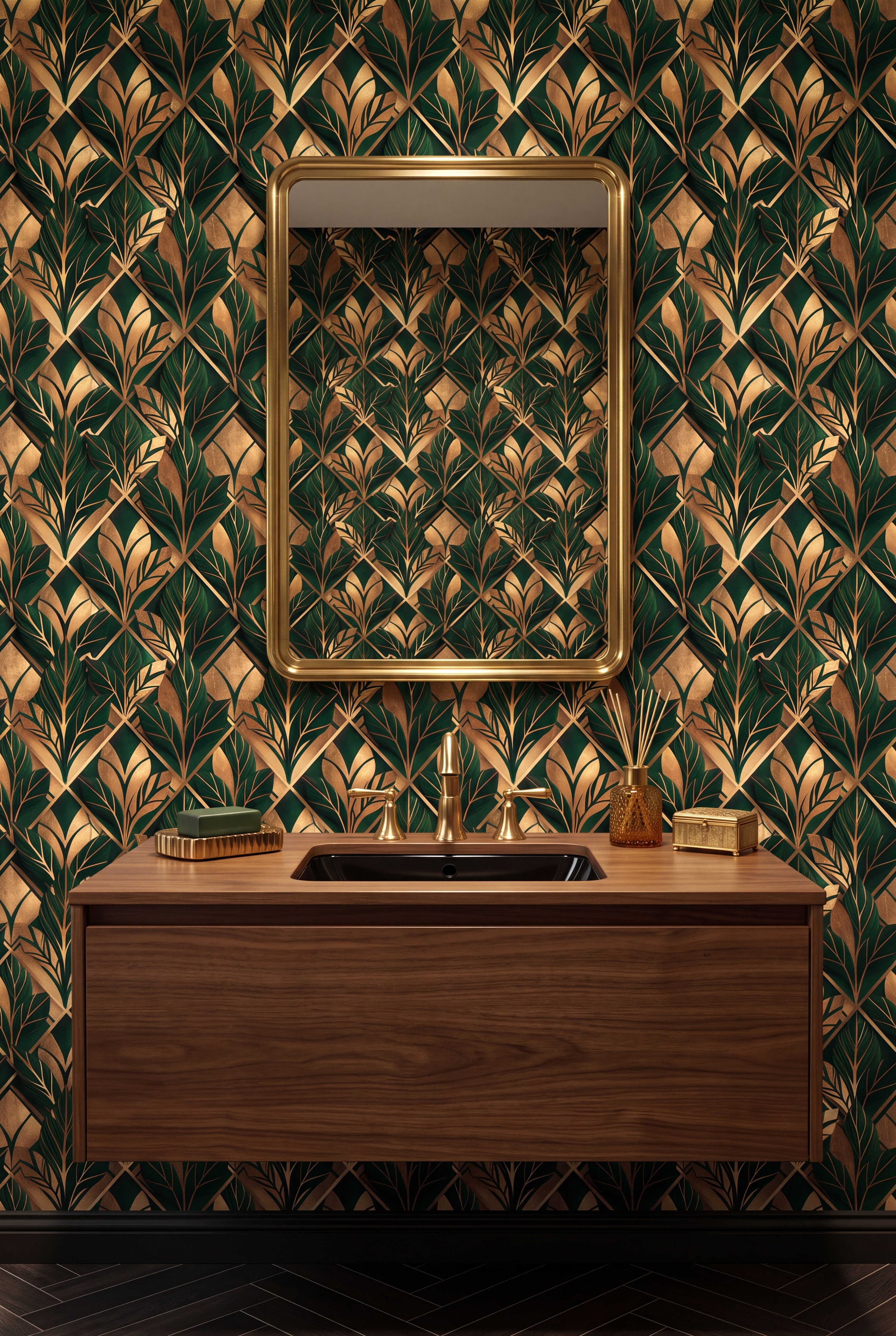 Malachite Marquee wallpaper shown in a powder room