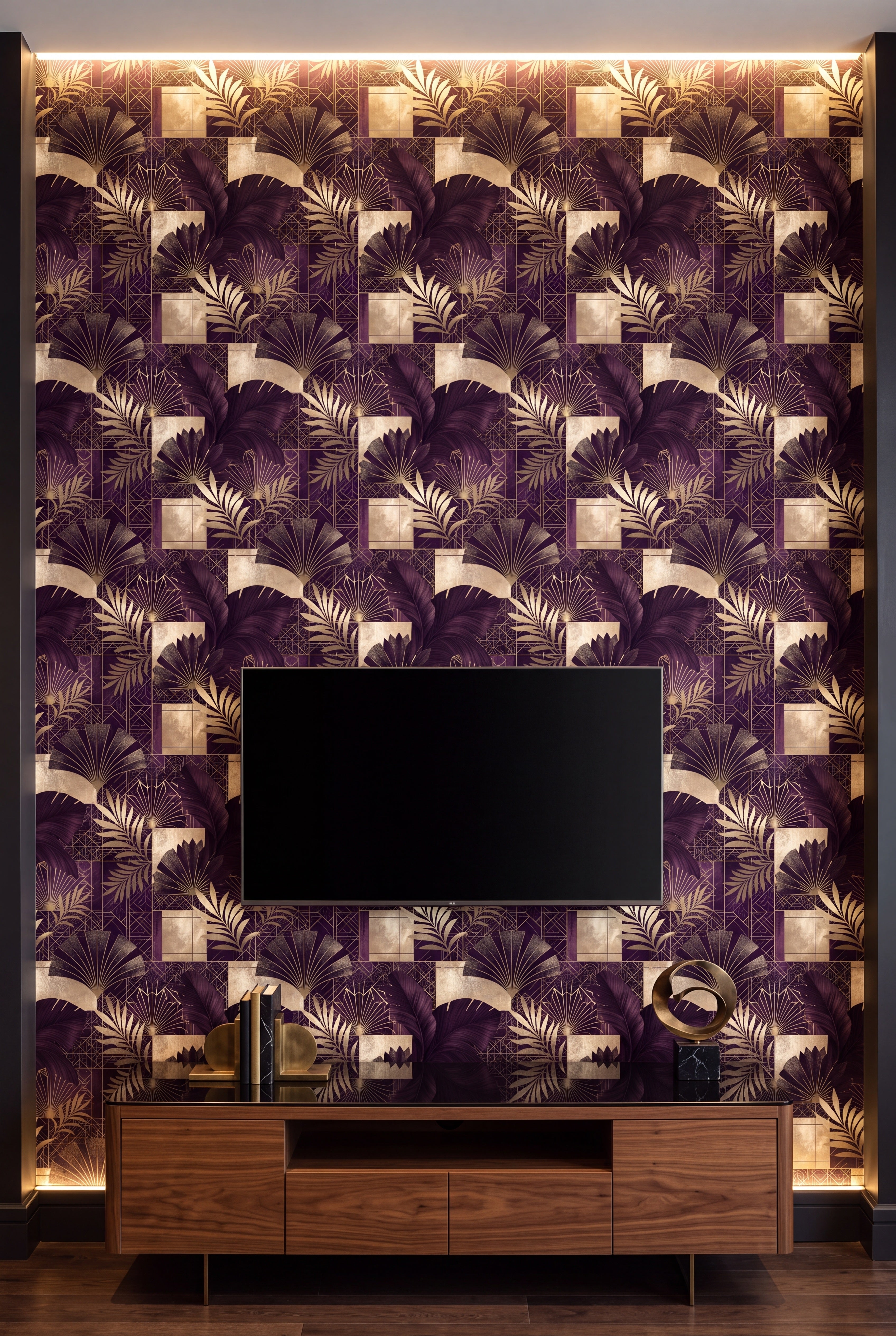 Plum Gala wallpaper shown in a media room