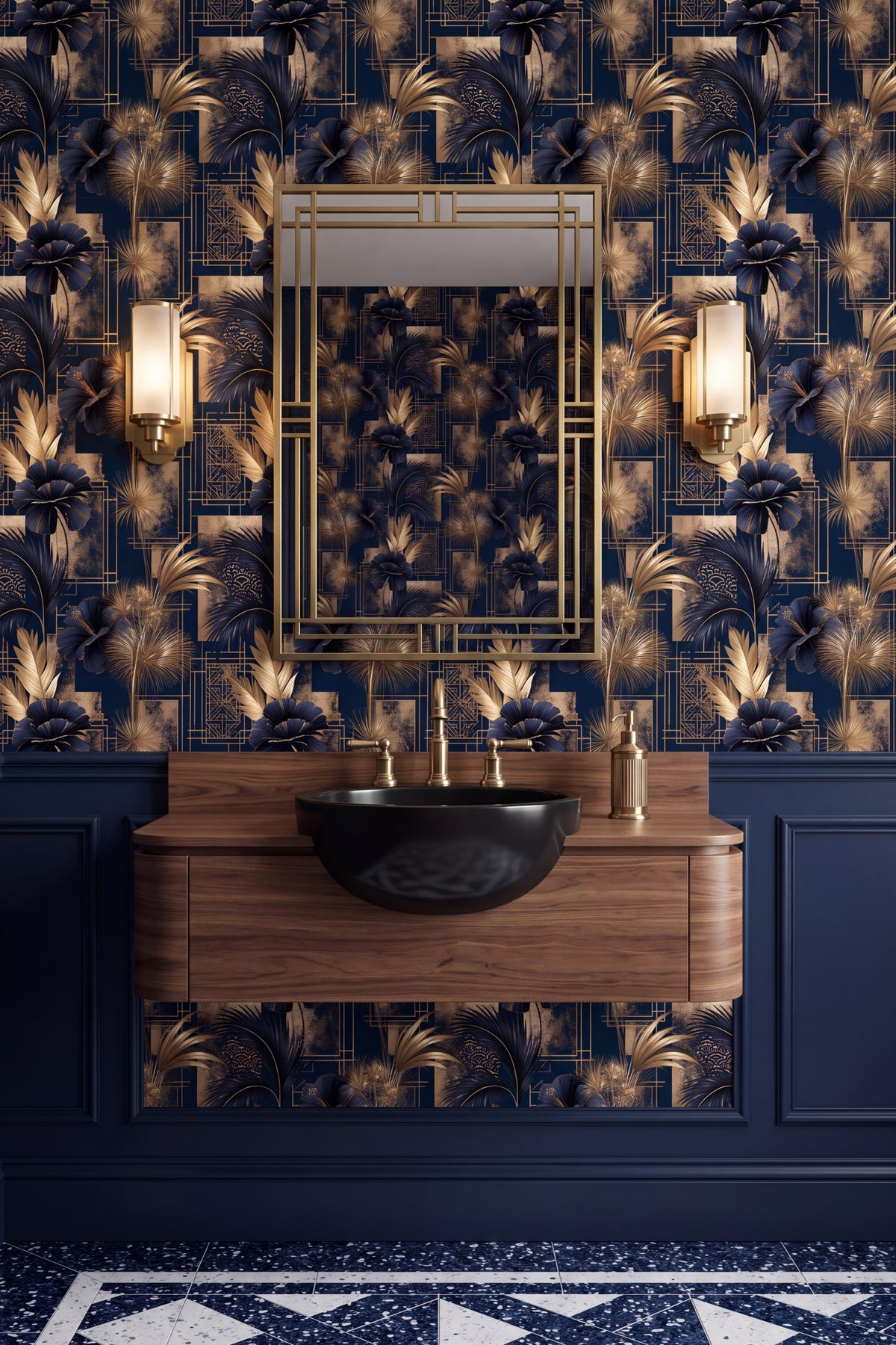Gilded Soiree wallpaper shown in a powder room