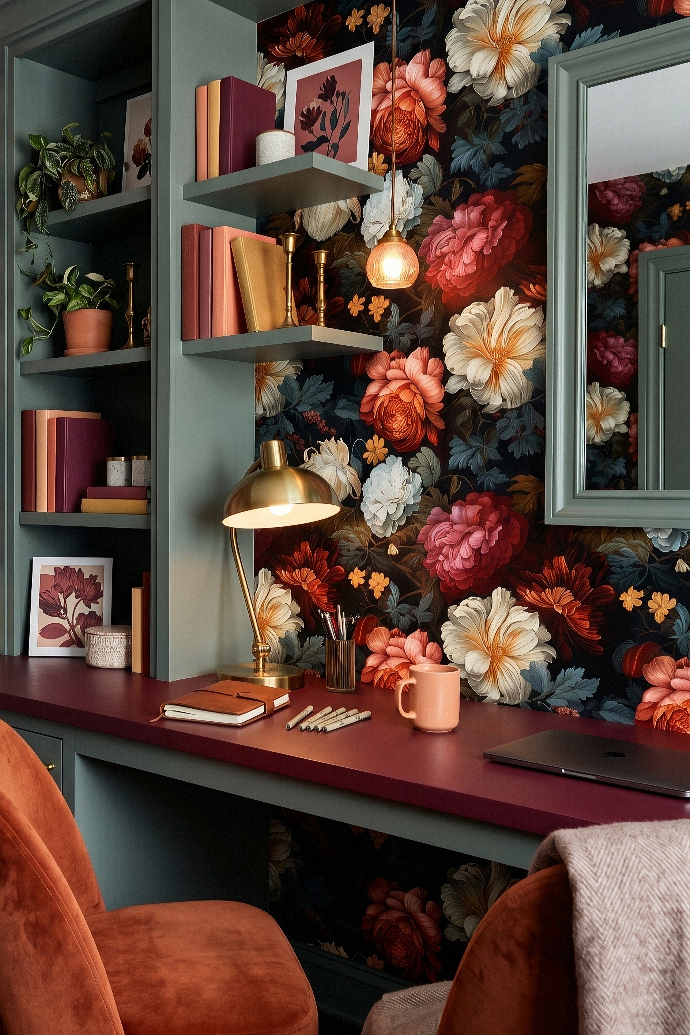 Dusk Garden wallpaper shown in a home office