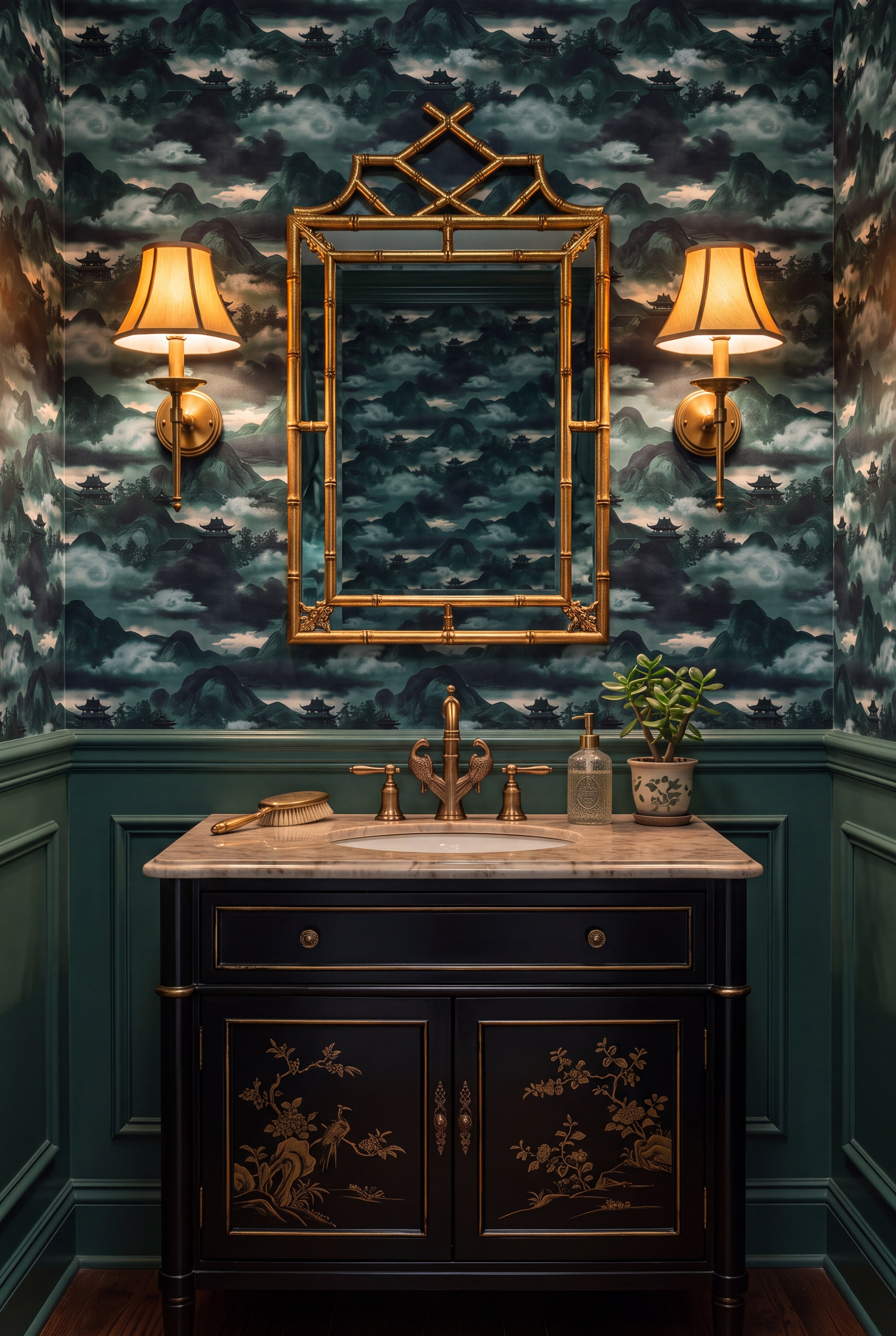 Jade Pagoda wallpaper shown in a powder room