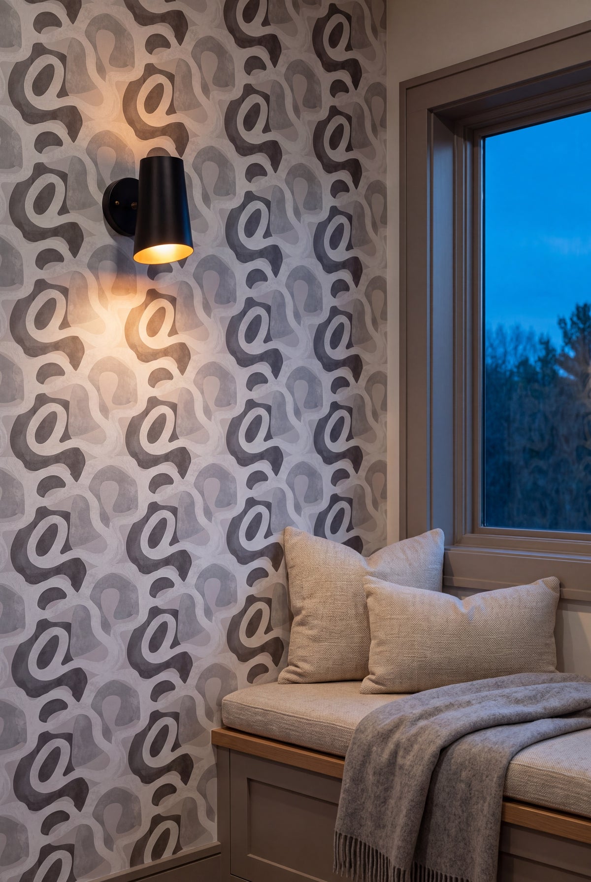 Stone Terrain wallpaper shown in a window seat alcove