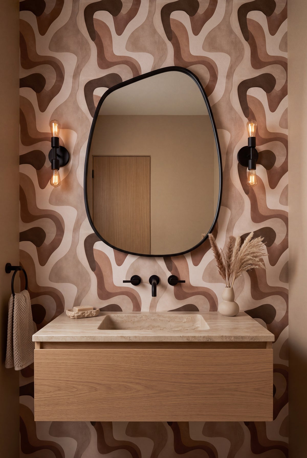 Dune Drift wallpaper shown in a powder room