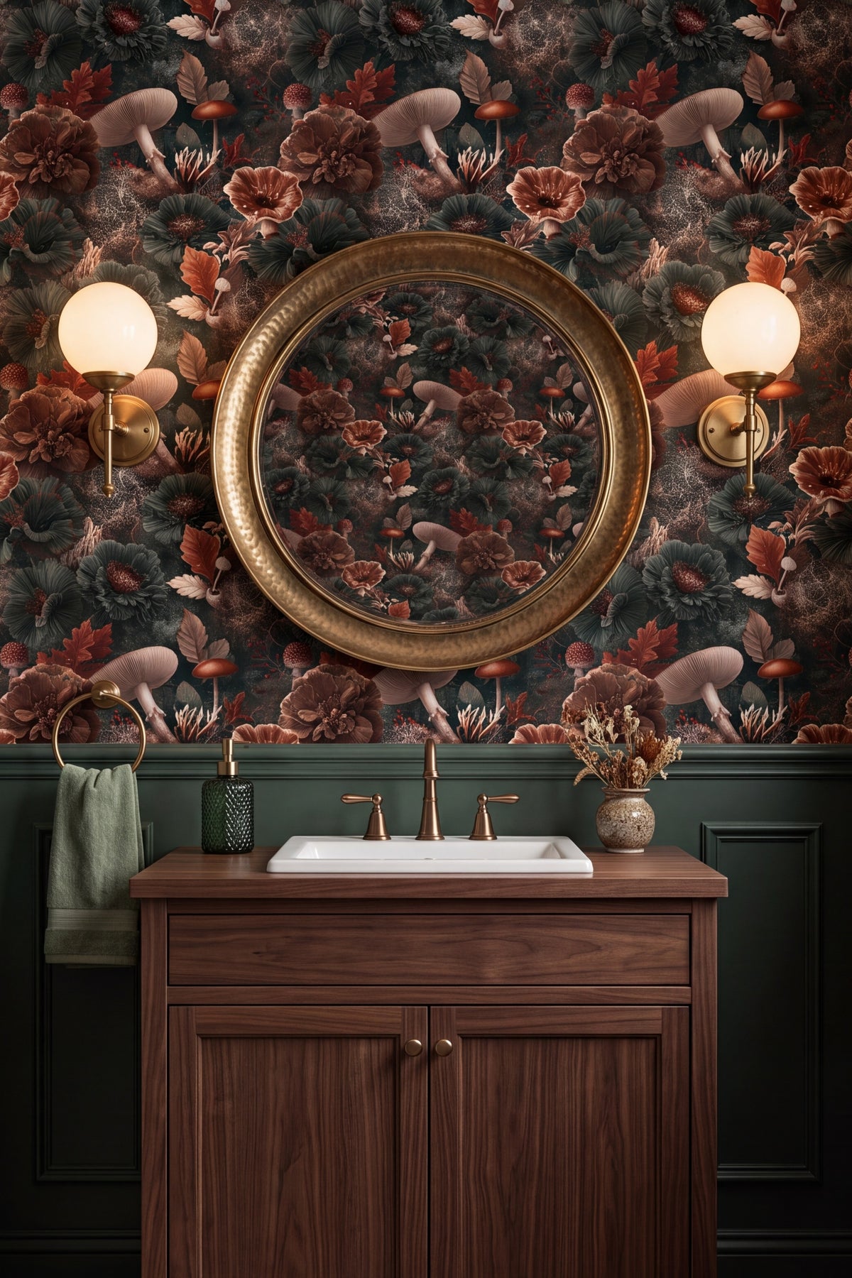 Ember Forage wallpaper shown in a powder room