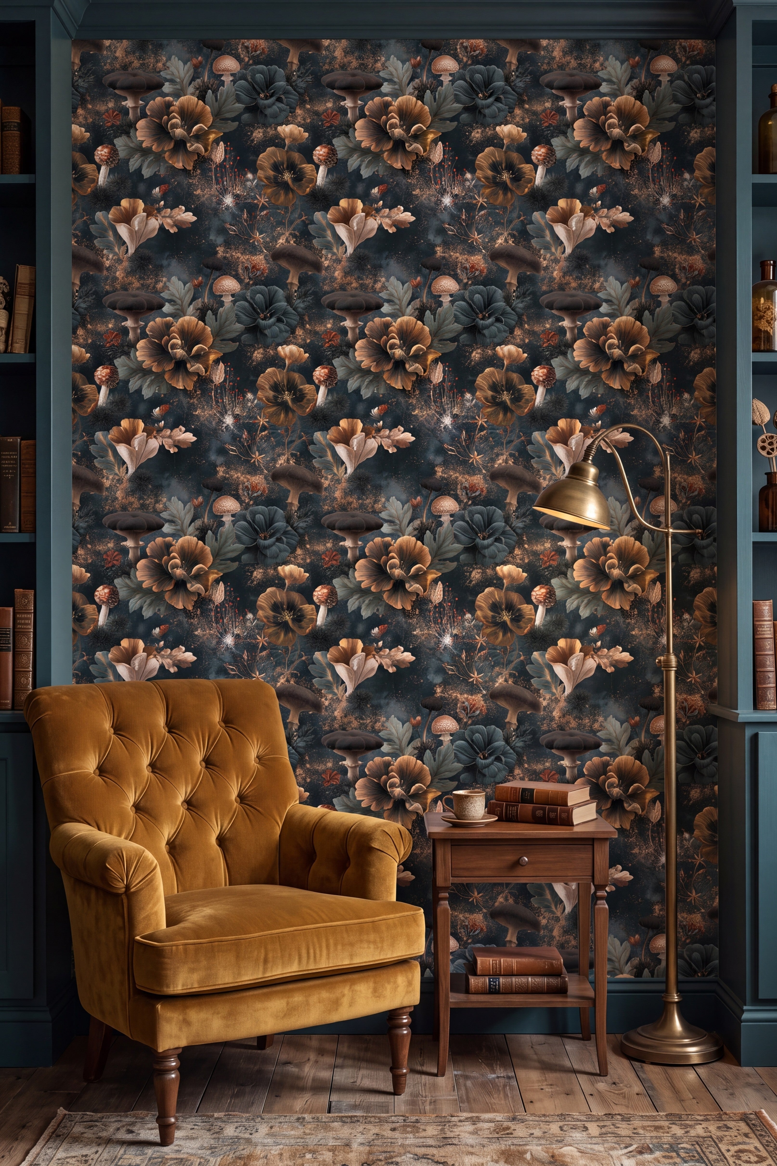 Golden Forage wallpaper shown in a reading nook