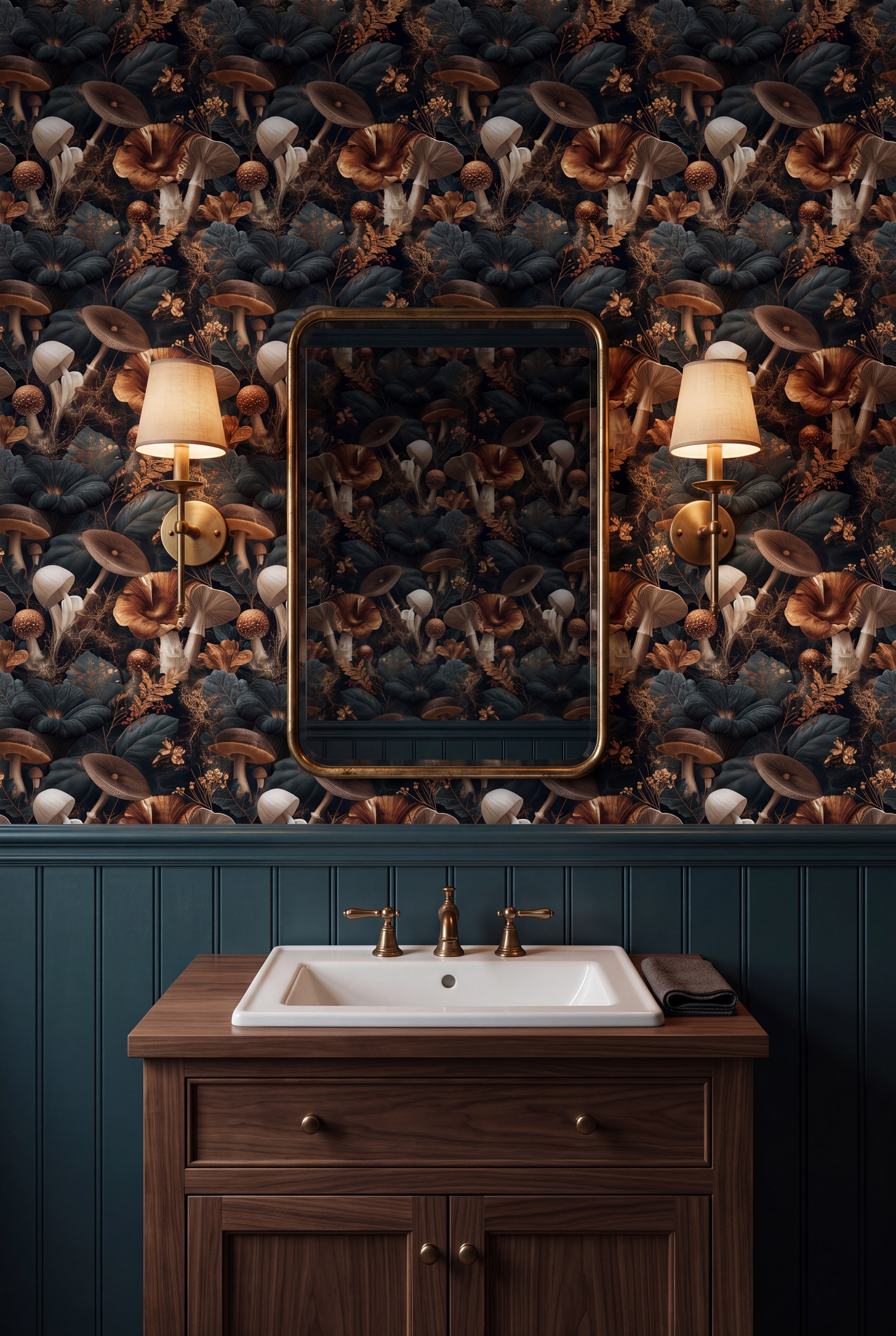 Parasol Grove wallpaper shown in a powder room