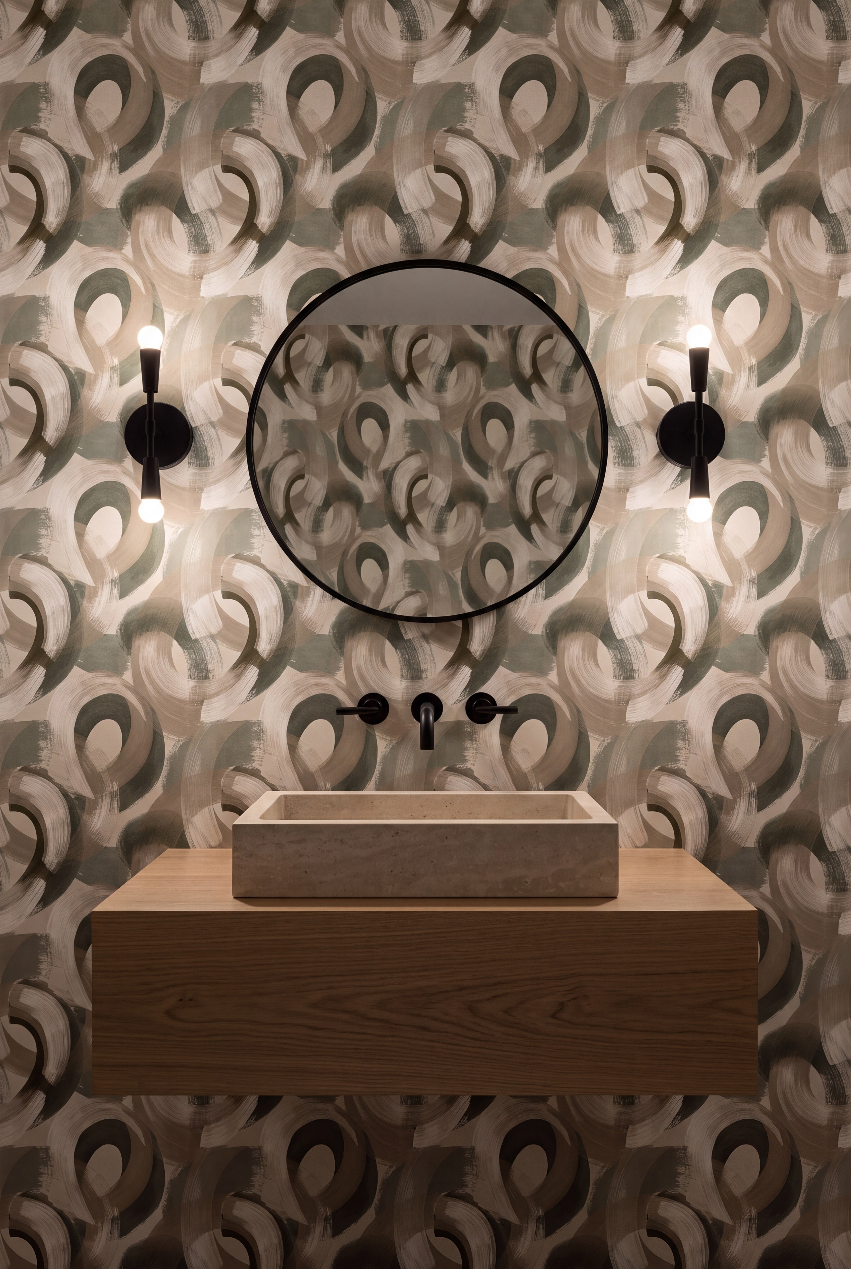 Willow Halo wallpaper shown in a powder room