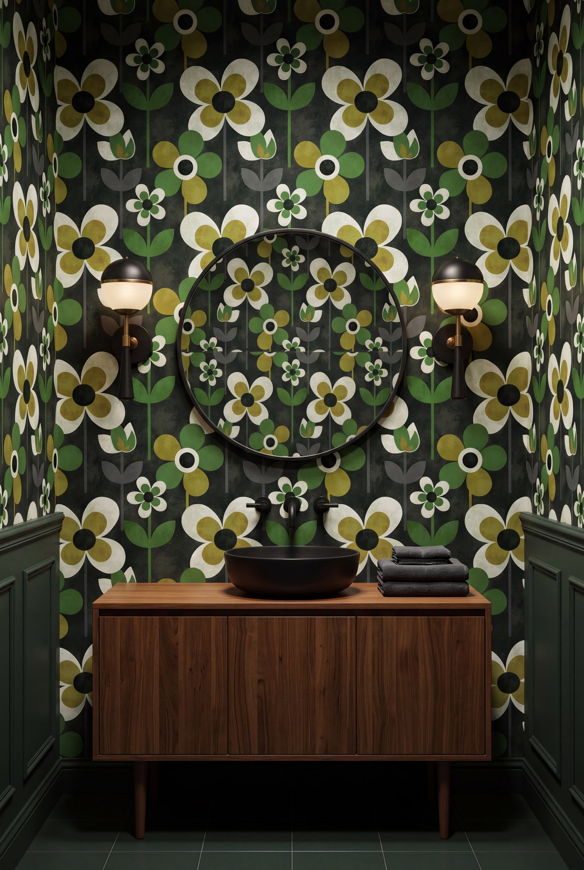 Pistachio Mod wallpaper shown in a powder room