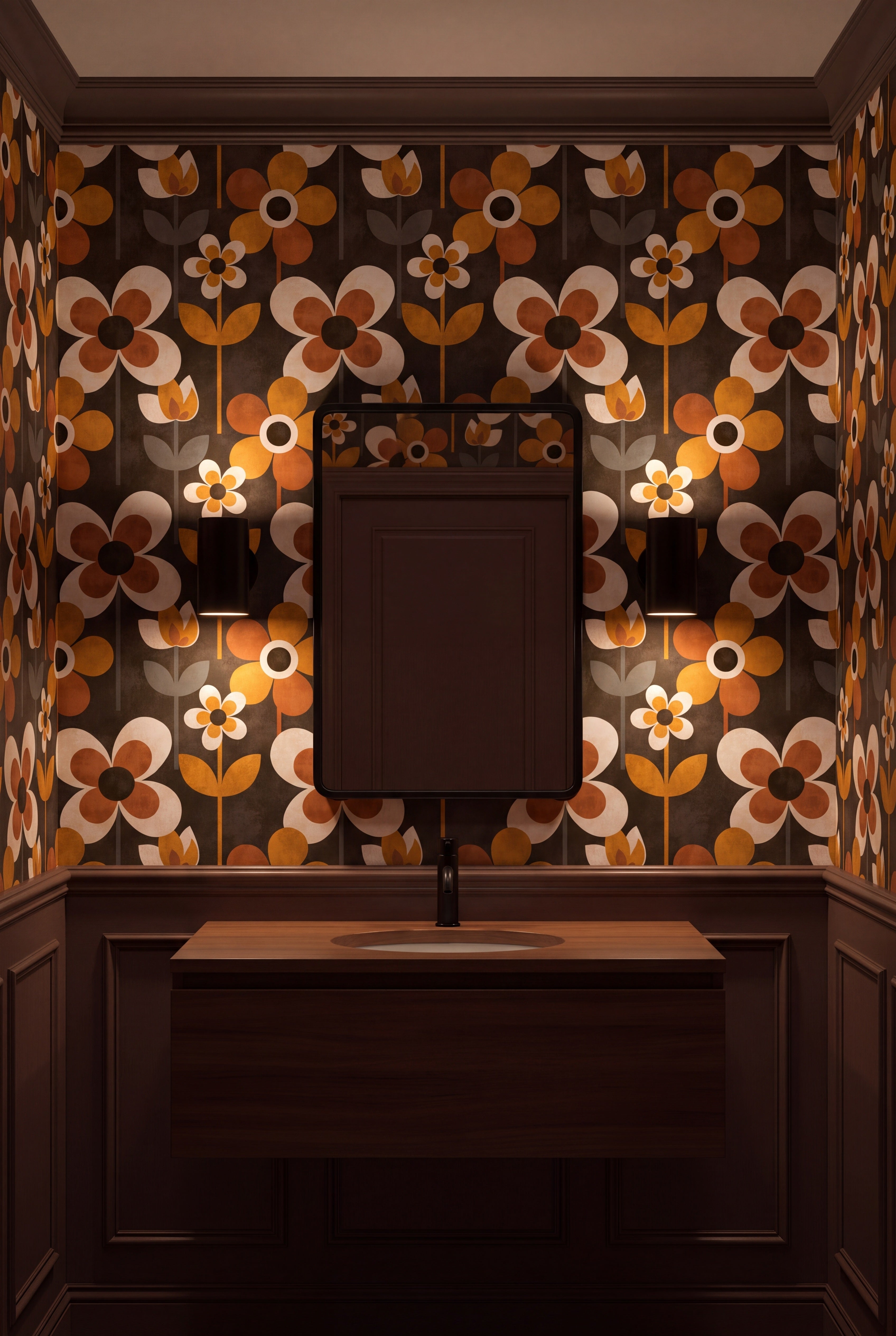 Toffee Mod wallpaper shown in a powder room