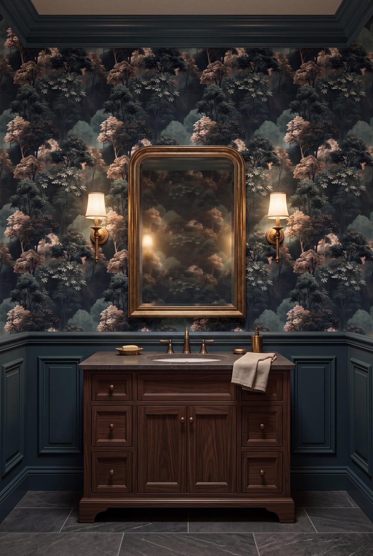 Twilight Canopy wallpaper shown in a powder room