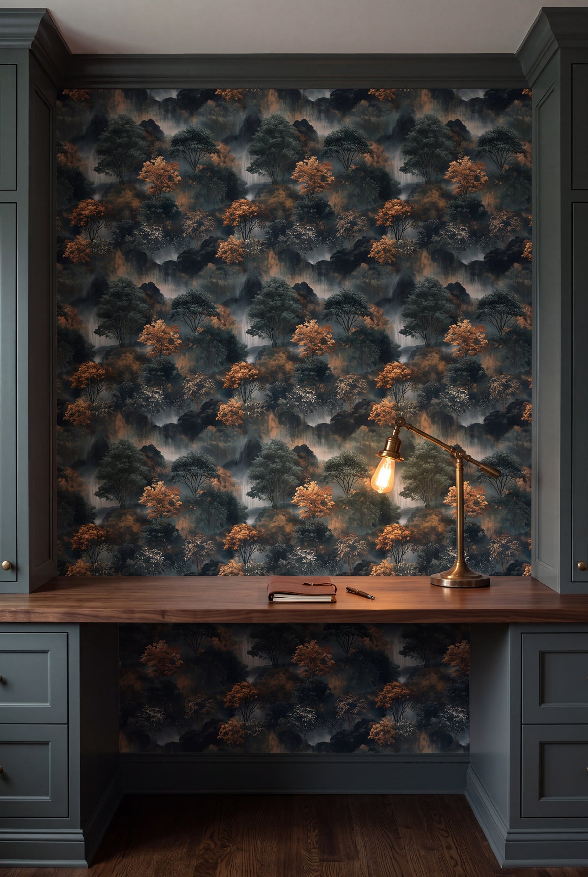 Amber Falls wallpaper shown in a home office study
