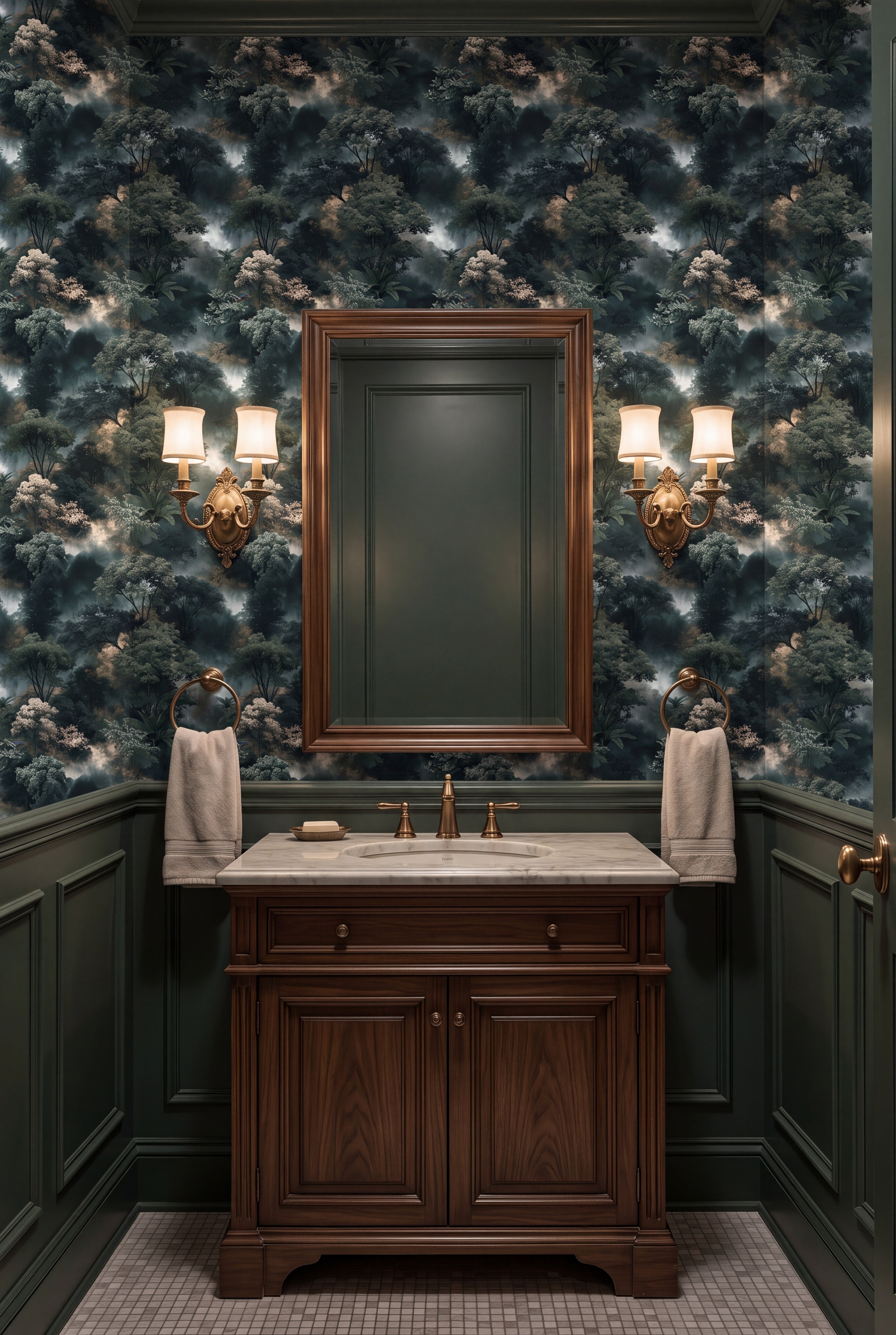 Cloud Forest wallpaper shown in a powder room