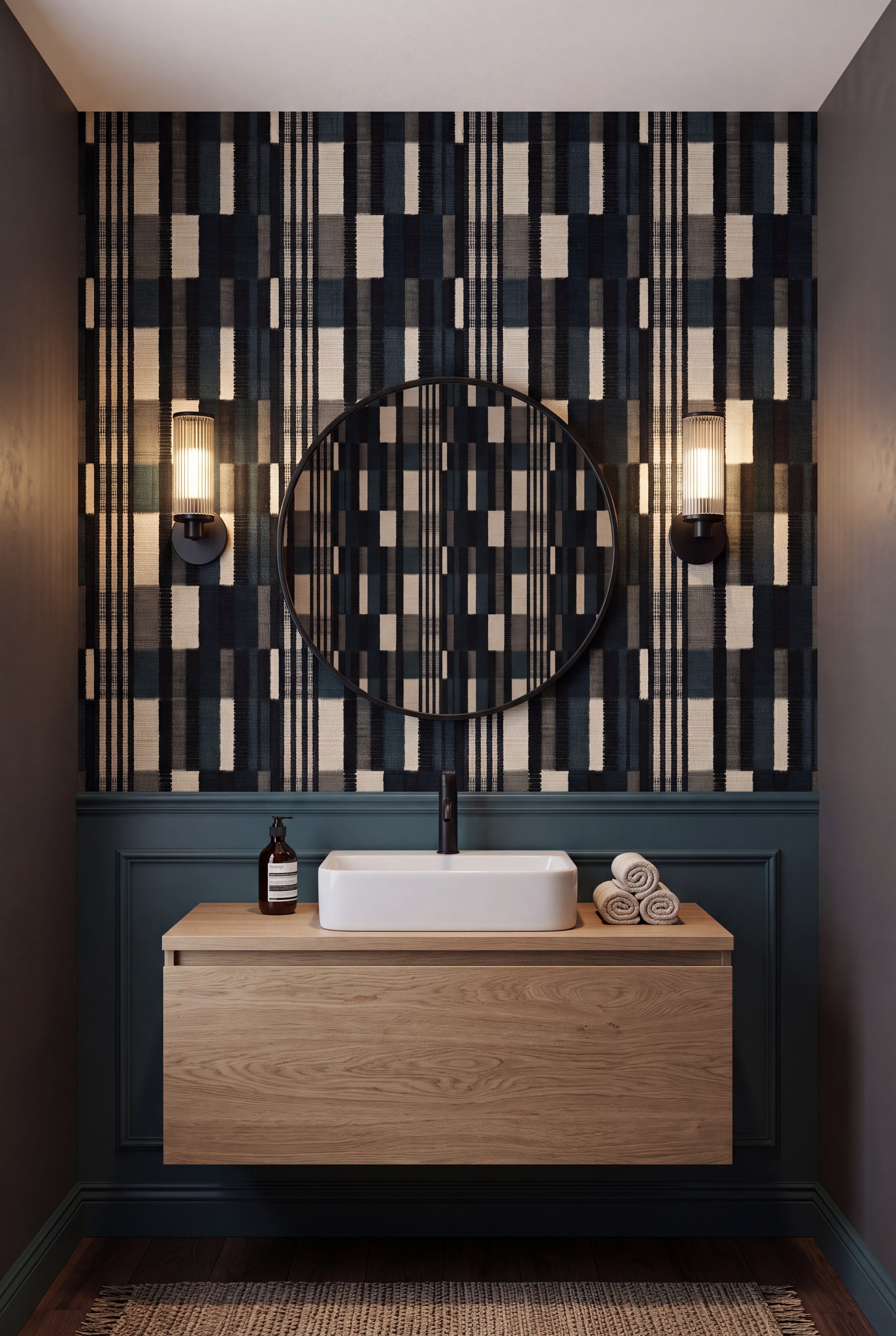 Cinder Stripe wallpaper shown in a powder room