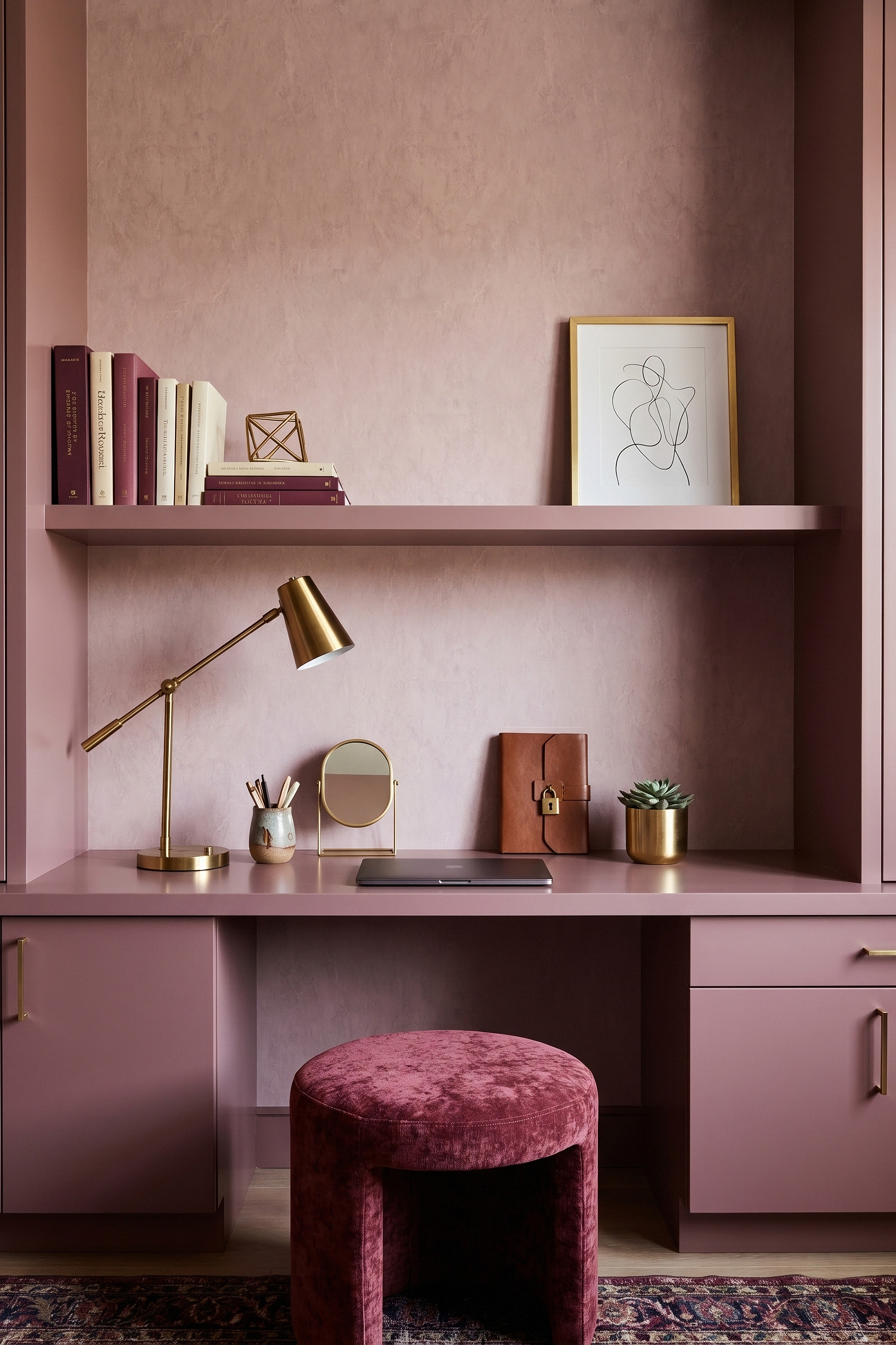 Blush Fresco wallpaper shown in a home office