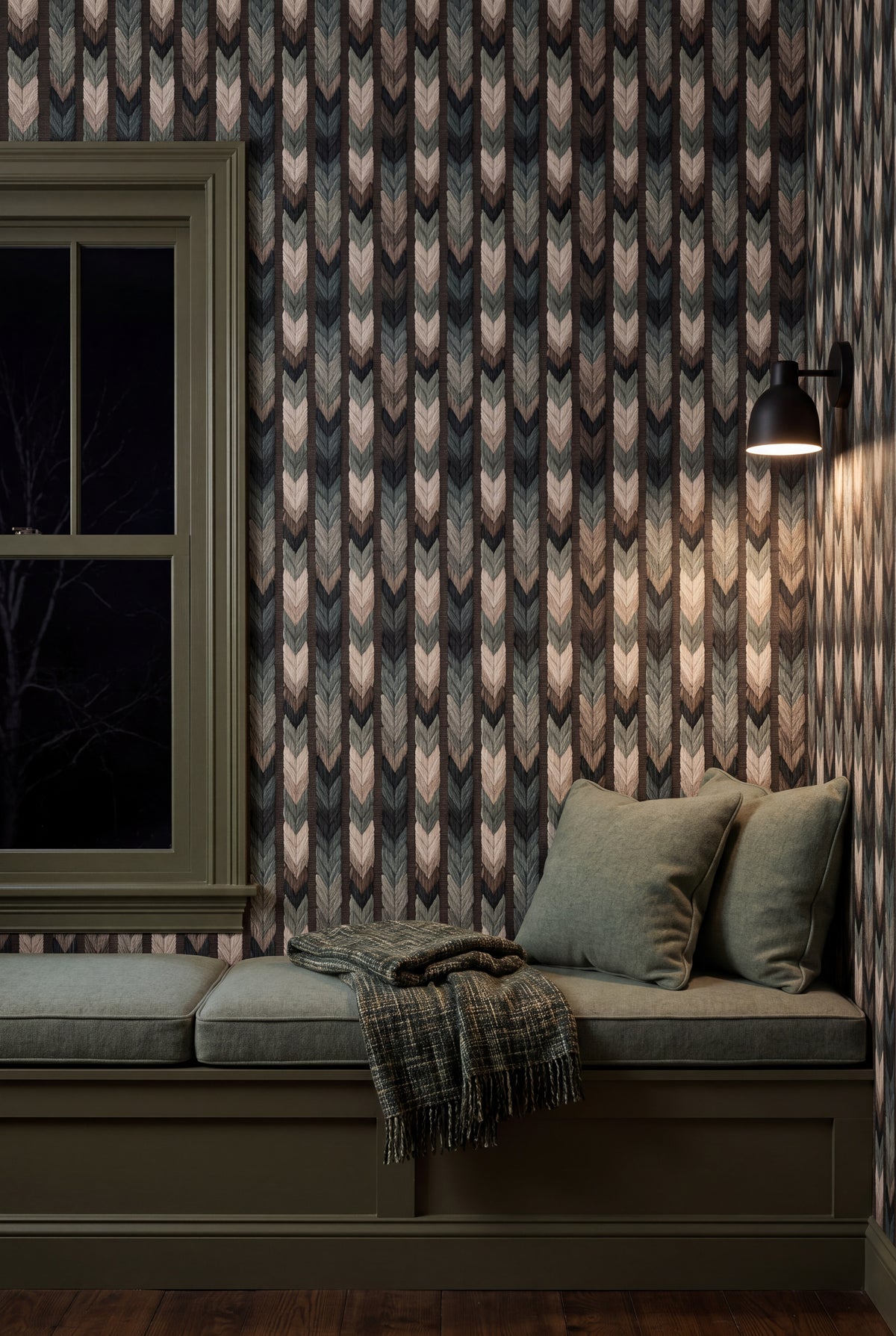 Fern Chevron wallpaper shown in a window seat alcove