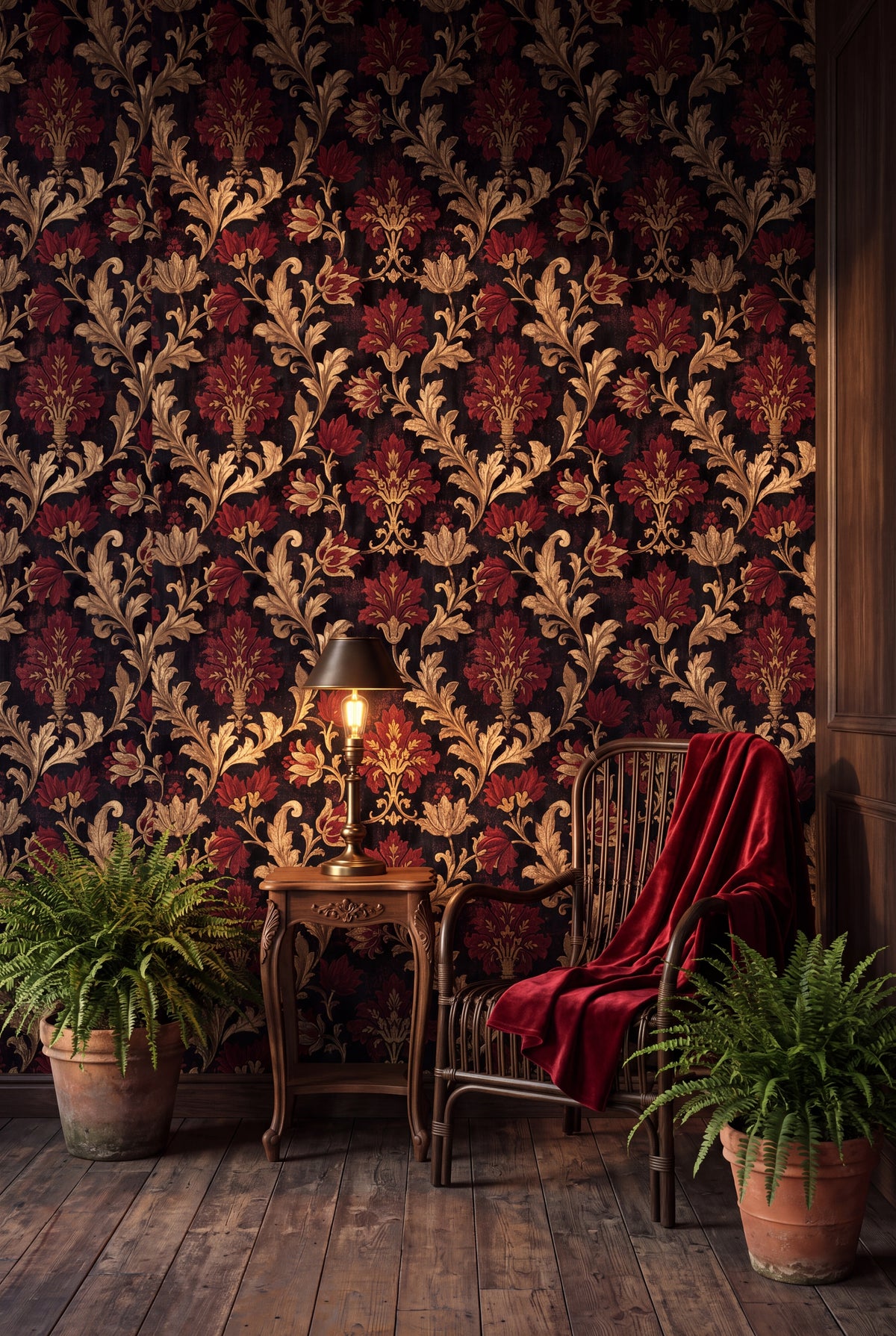 Crimson Reliquary wallpaper shown in a sunroom