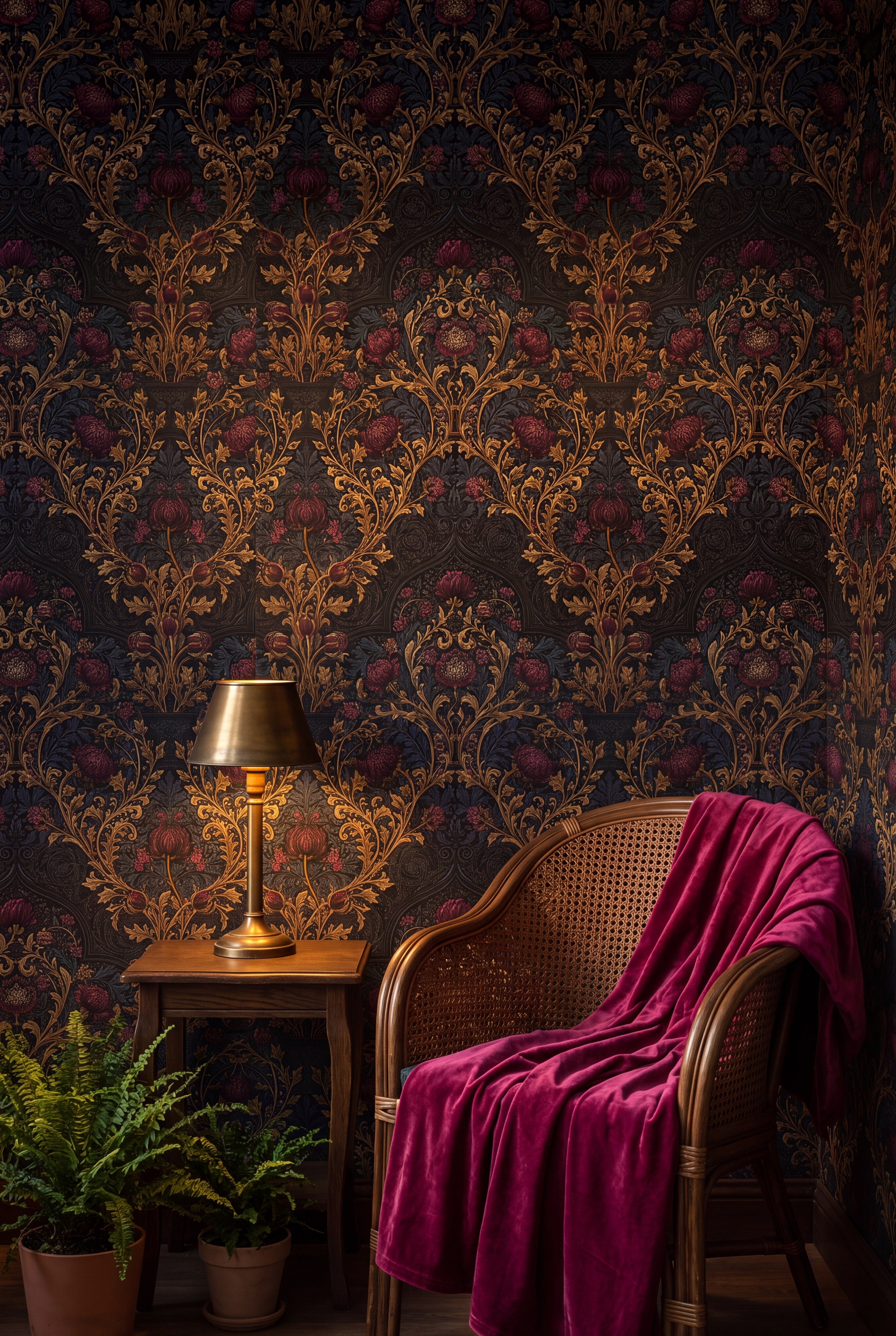 Abbey Gilt wallpaper shown in a sunroom