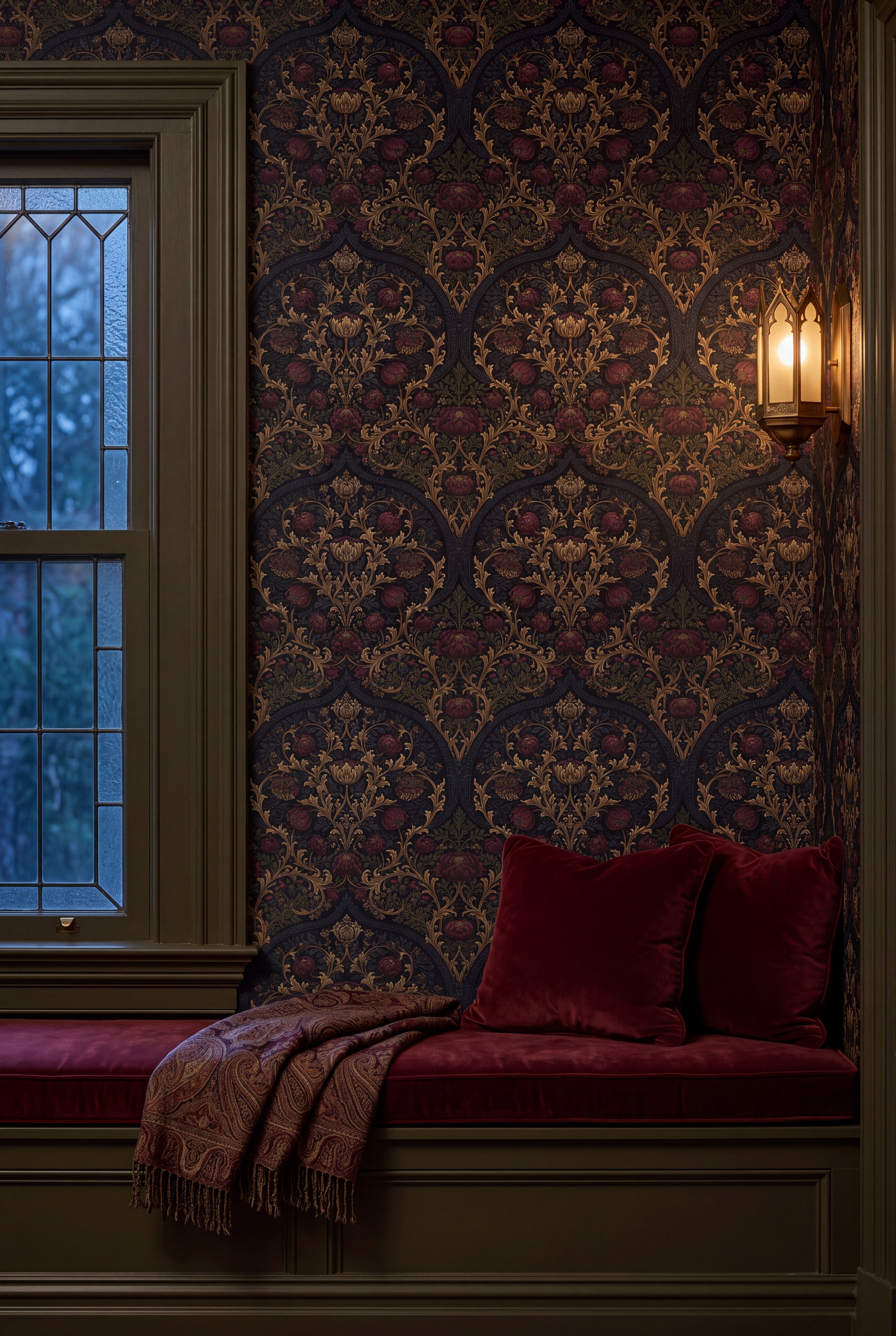 Chancel Bloom wallpaper shown in a window seat alcove