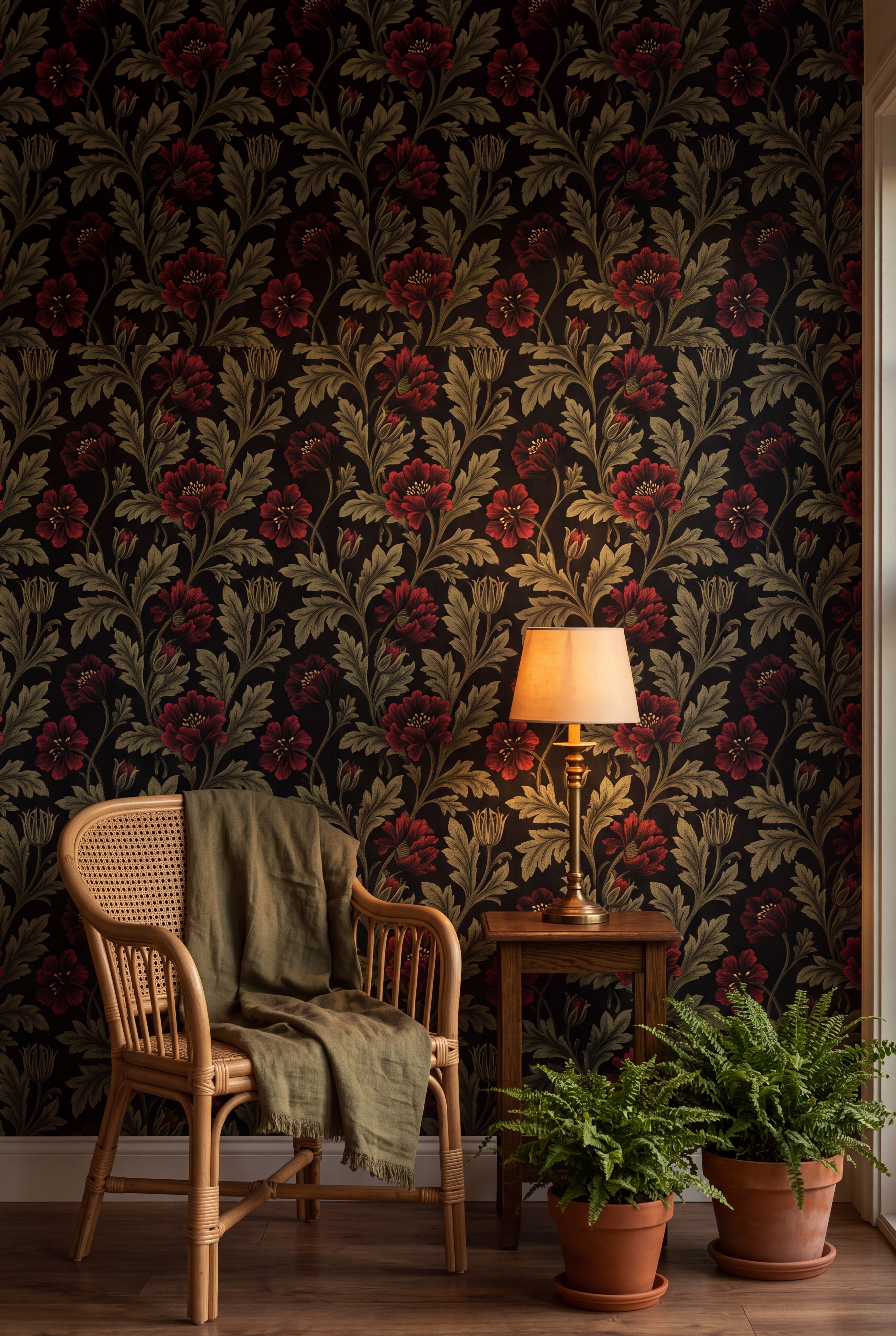Ember Poppy wallpaper shown in a sunroom