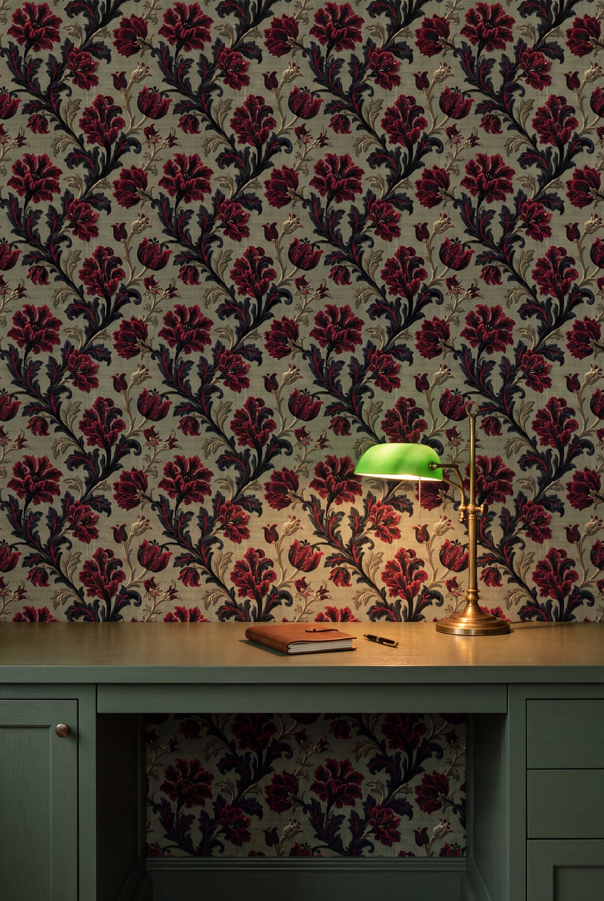 Sage Carnation wallpaper shown in a home office