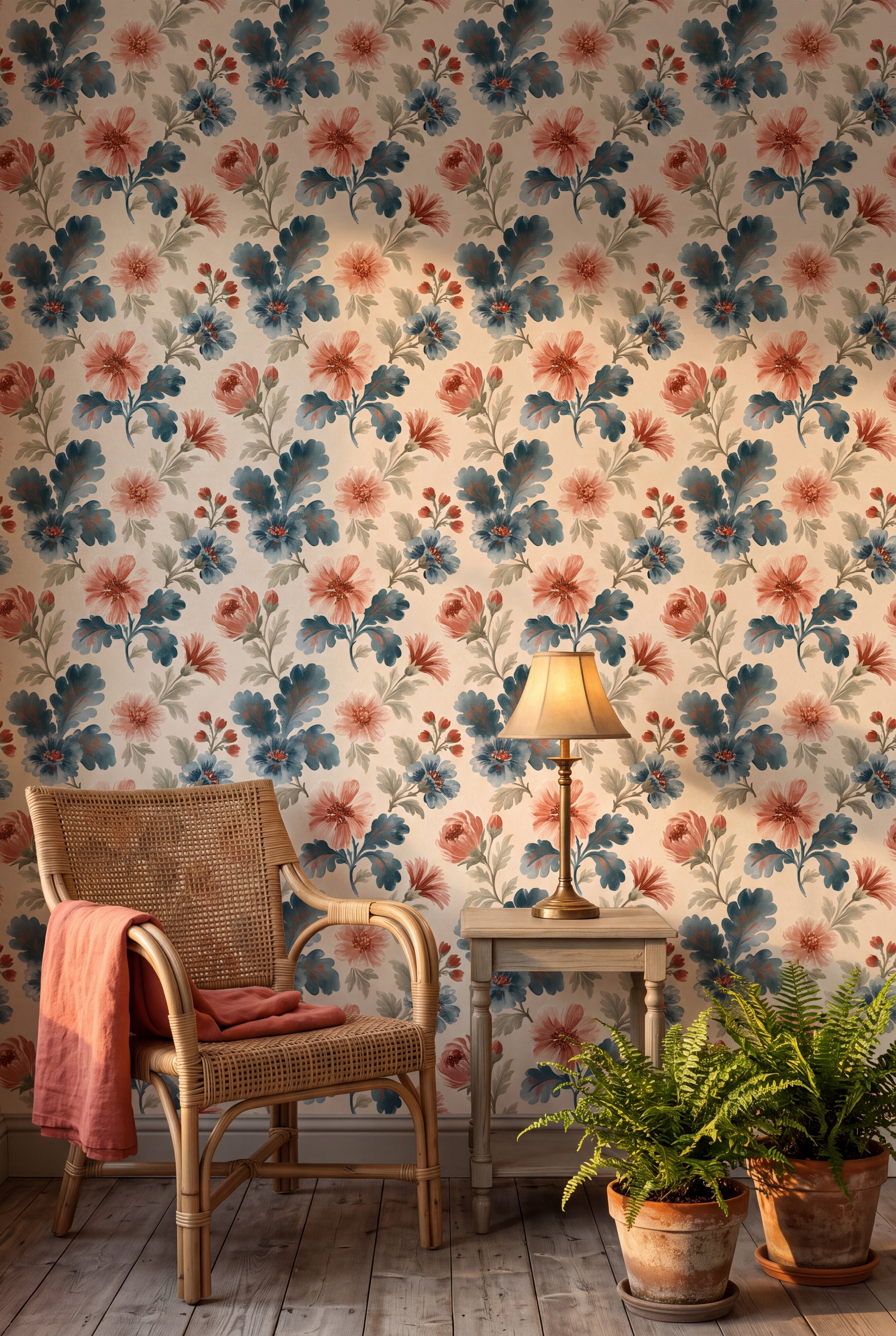 Dusty Cornflower wallpaper shown in a sunroom