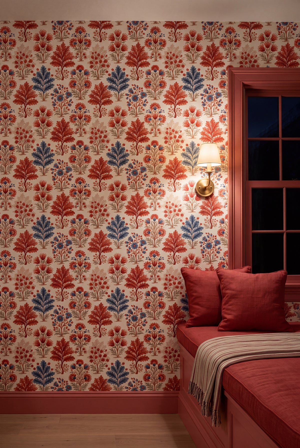 Folk Bloom wallpaper shown in a window seat alcove