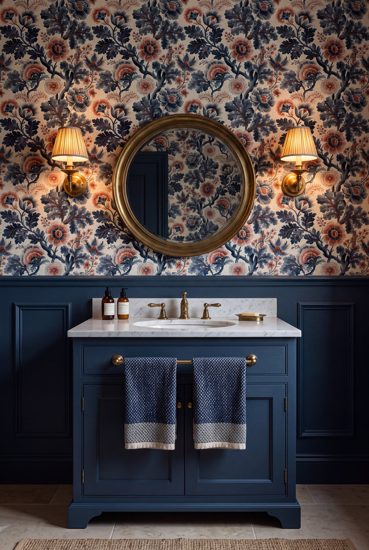Jacobean Night wallpaper shown in a powder room
