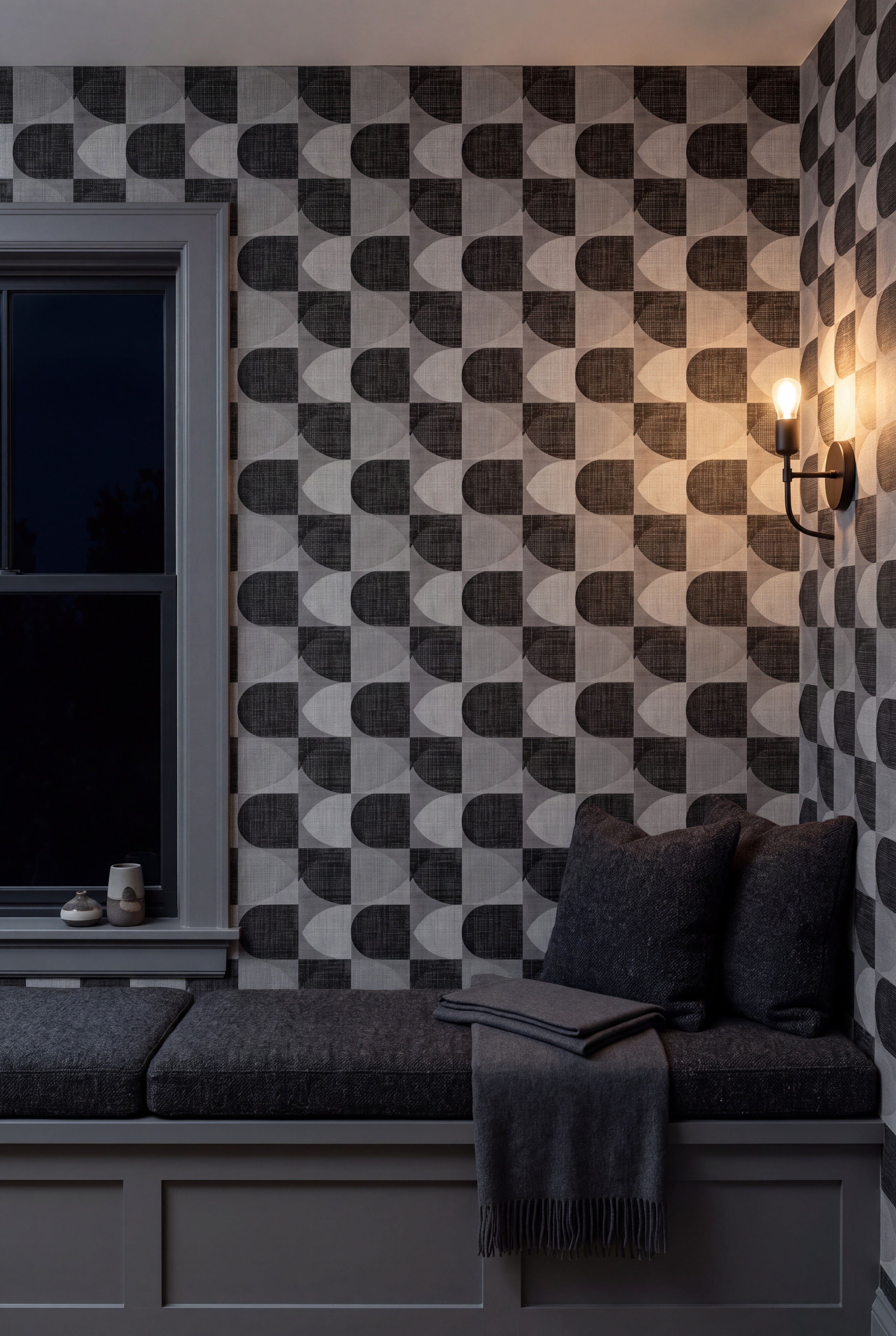Domino Arc wallpaper shown in a window seat alcove