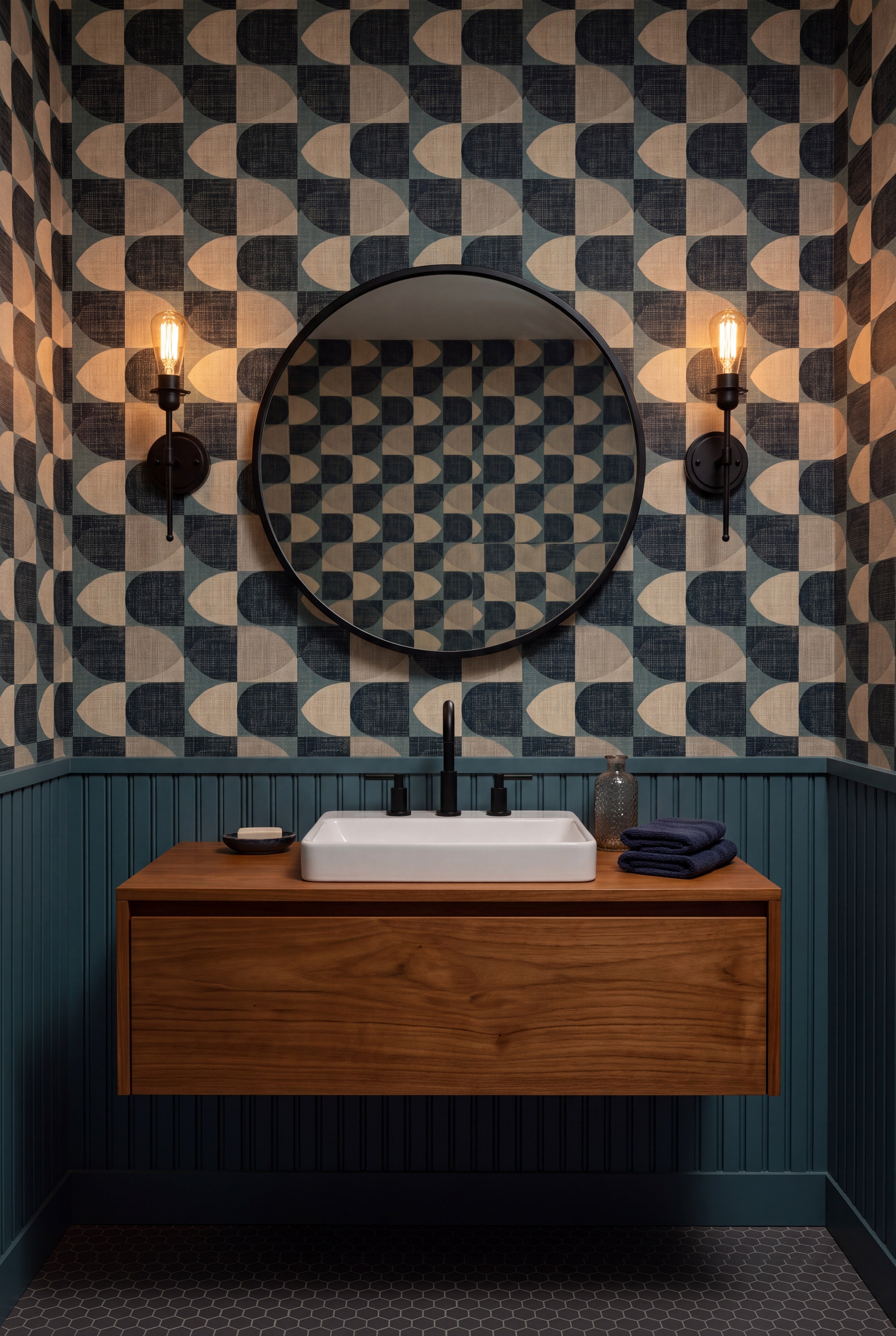 Tidewater Arc wallpaper shown in a powder room