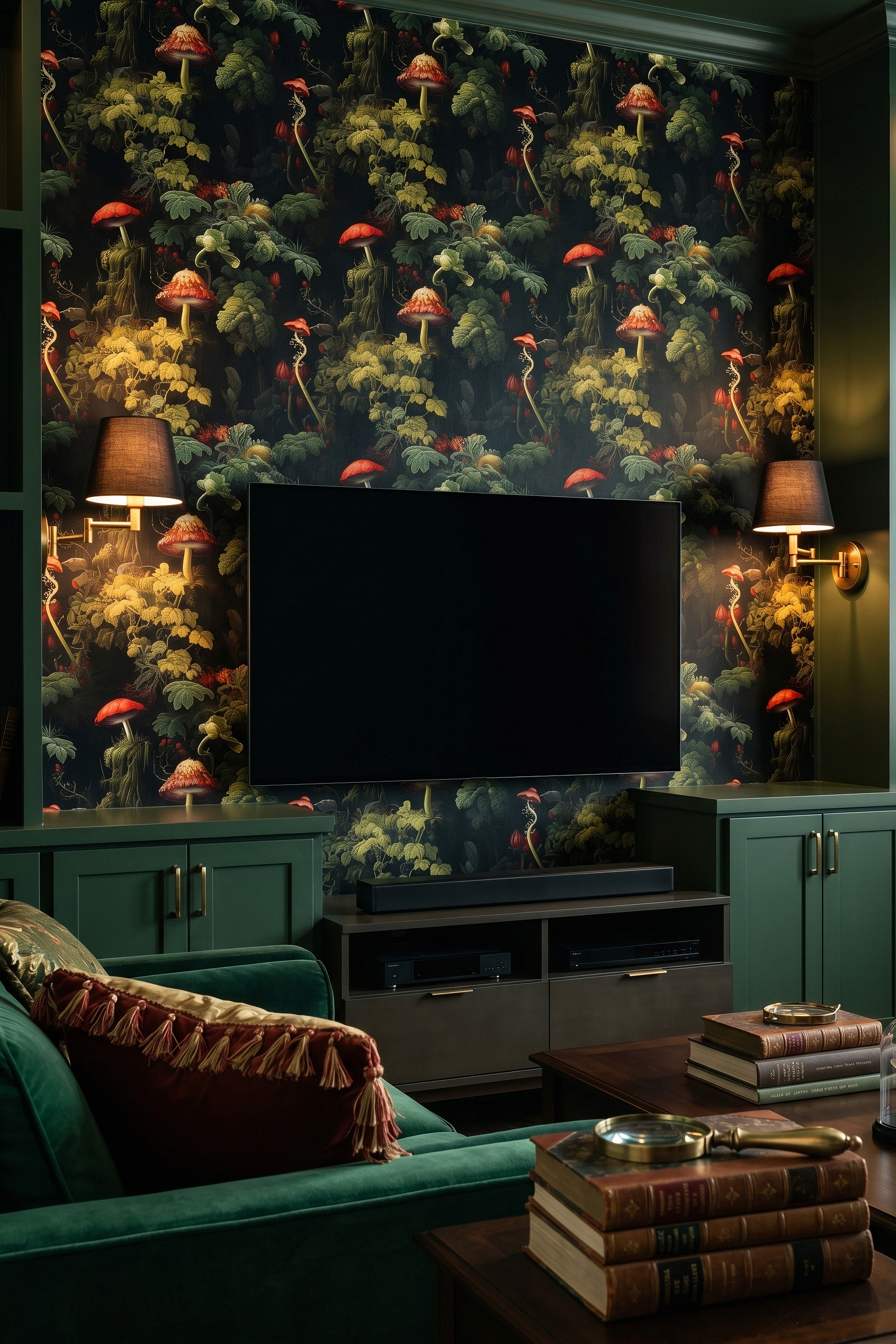 Enchanted Forest wallpaper shown in a media room