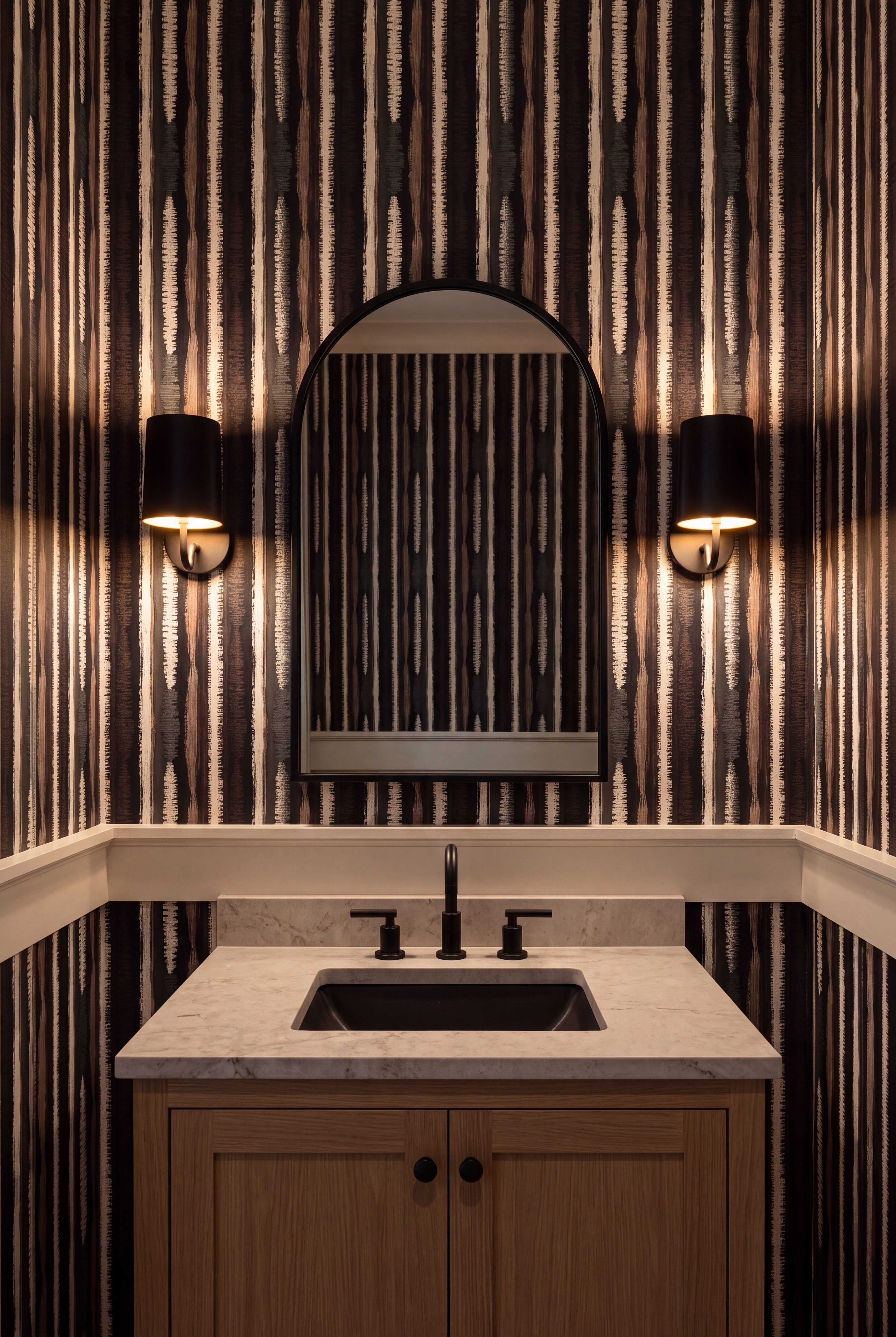Birchbark Stripe wallpaper shown in a powder room