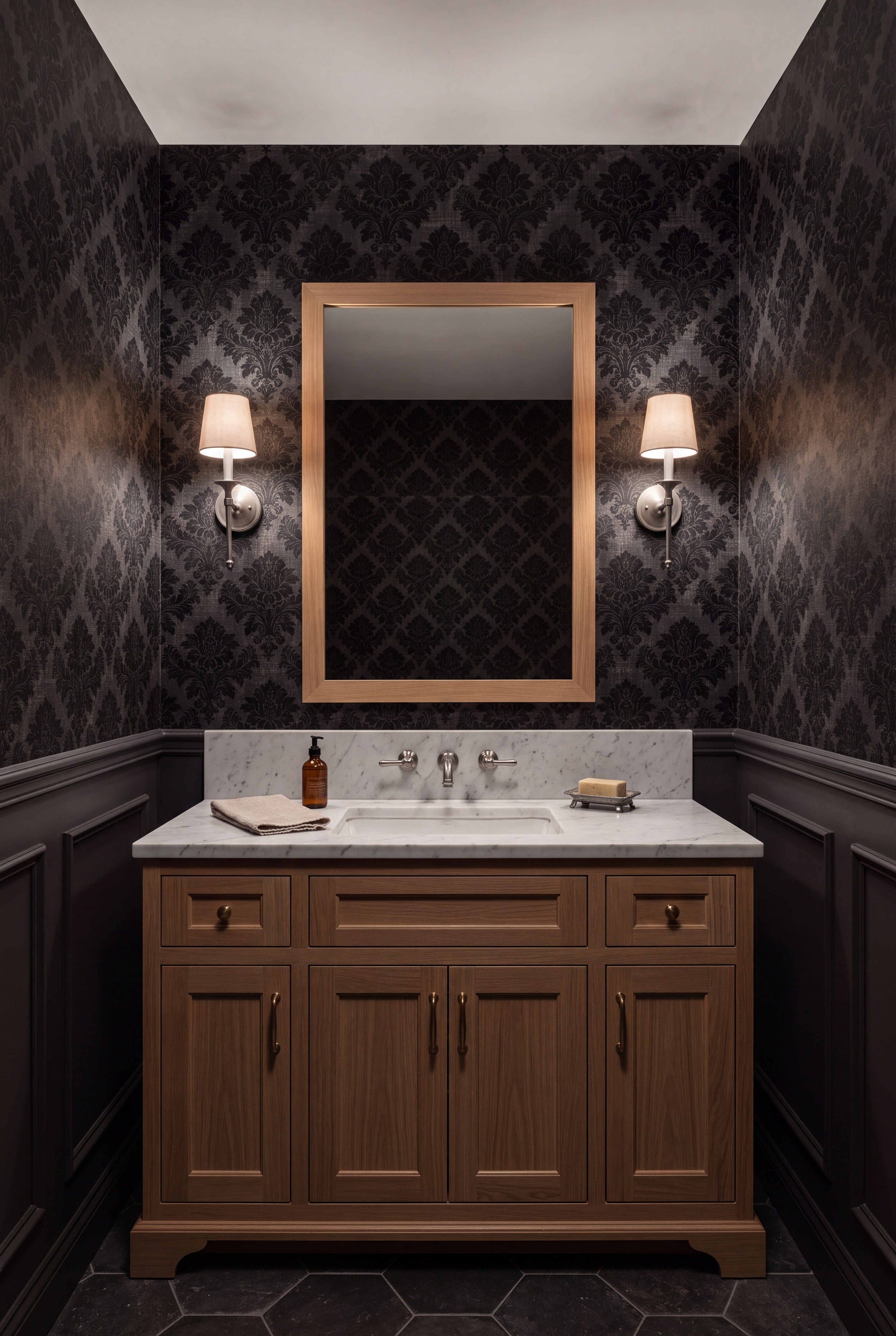 Obsidian Damask wallpaper shown in a powder room