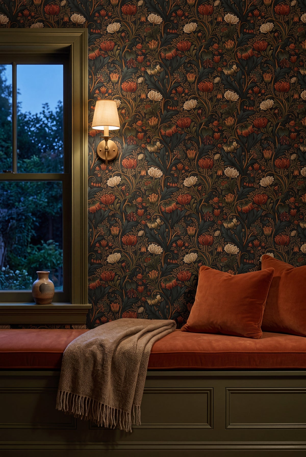 Ember Chrysanthemum wallpaper shown in a window seat alcove