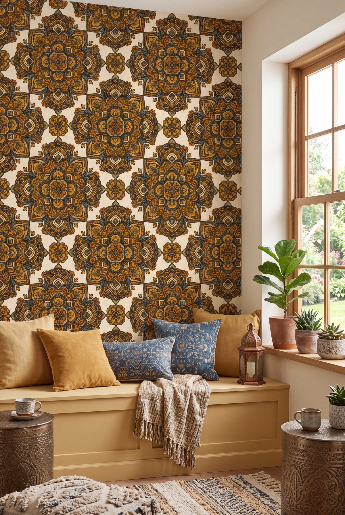 Saffron Mandala wallpaper shown in a window seat alcove