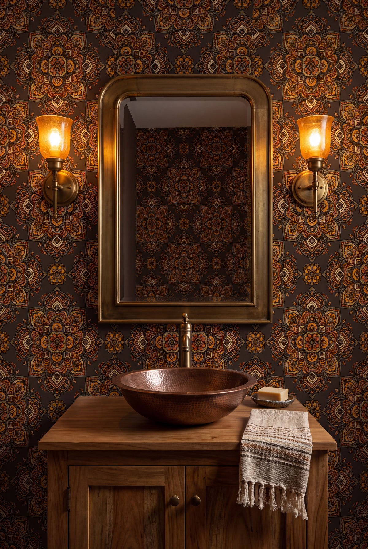 Marrakesh Medallion wallpaper shown in a powder room