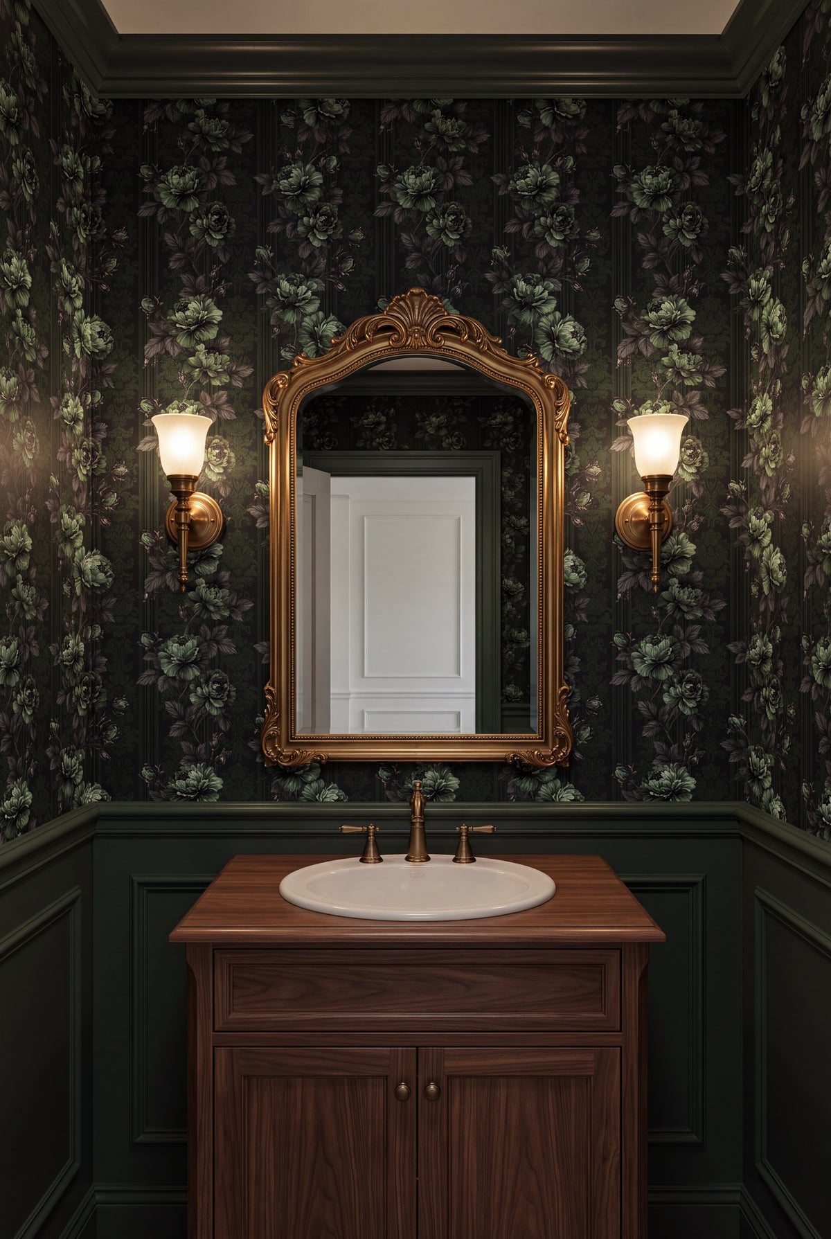 Ivy Nocturne wallpaper shown in a powder room