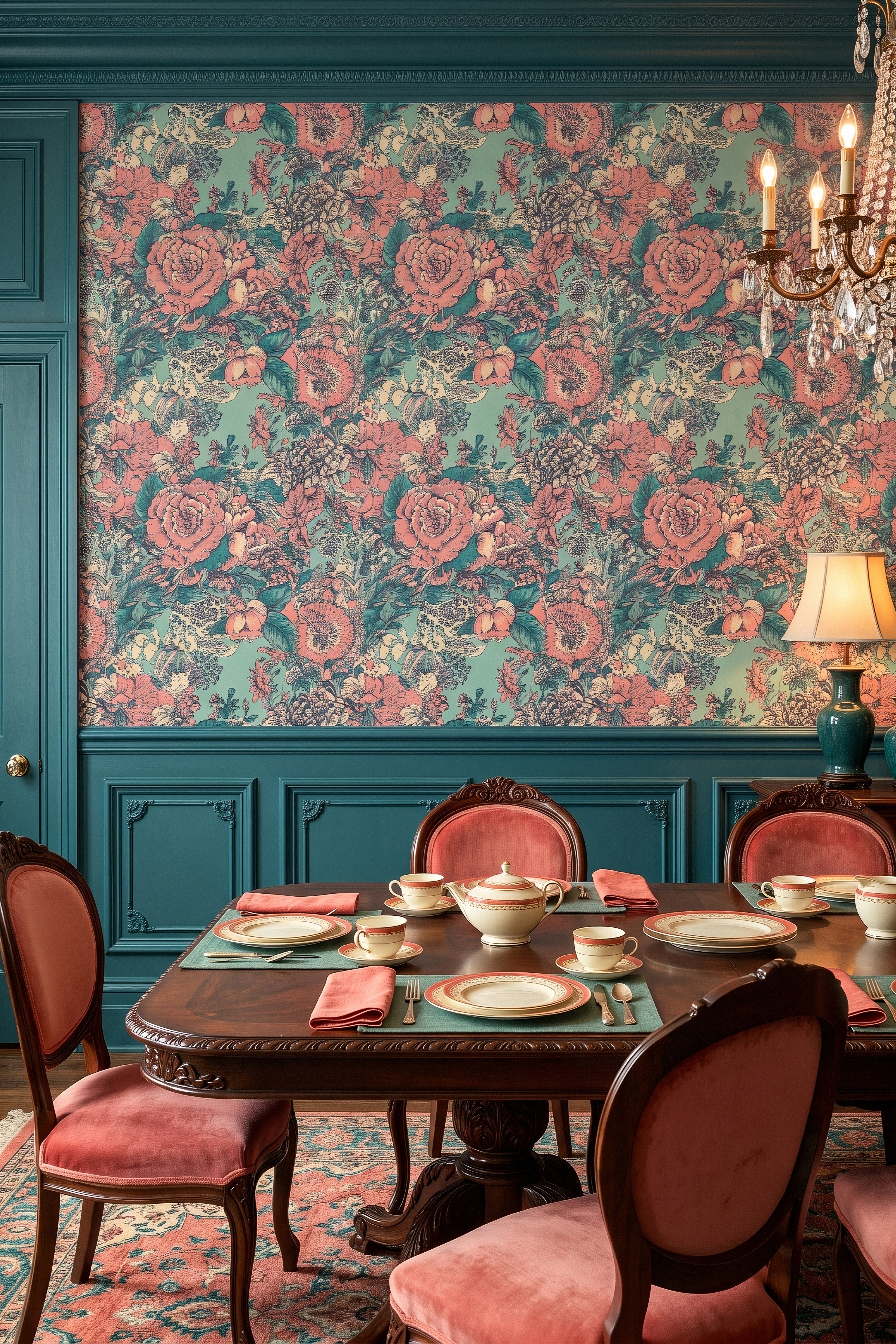 Coral Toile wallpaper shown in a dining room