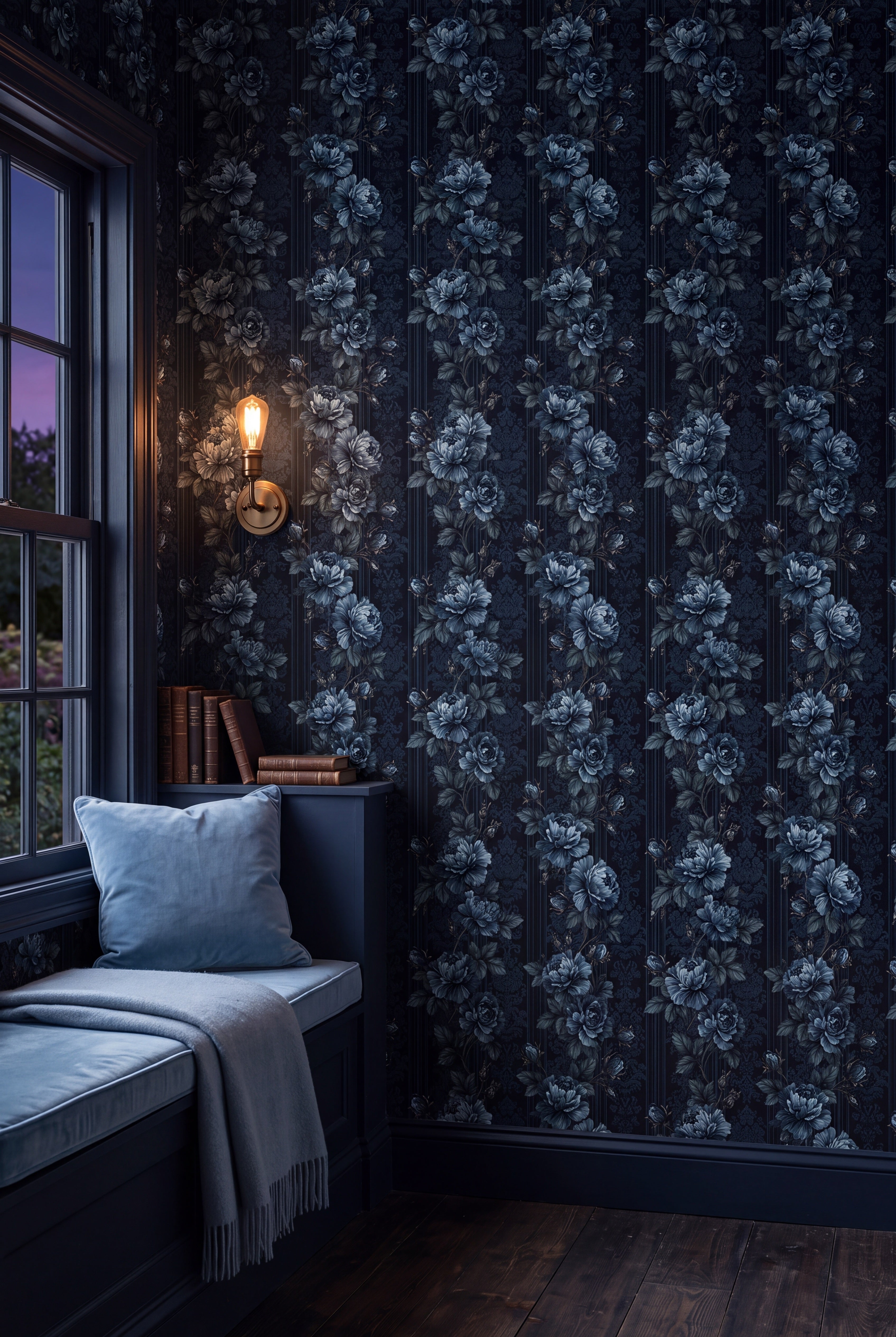 Midnight Rose wallpaper shown in a window seat alcove