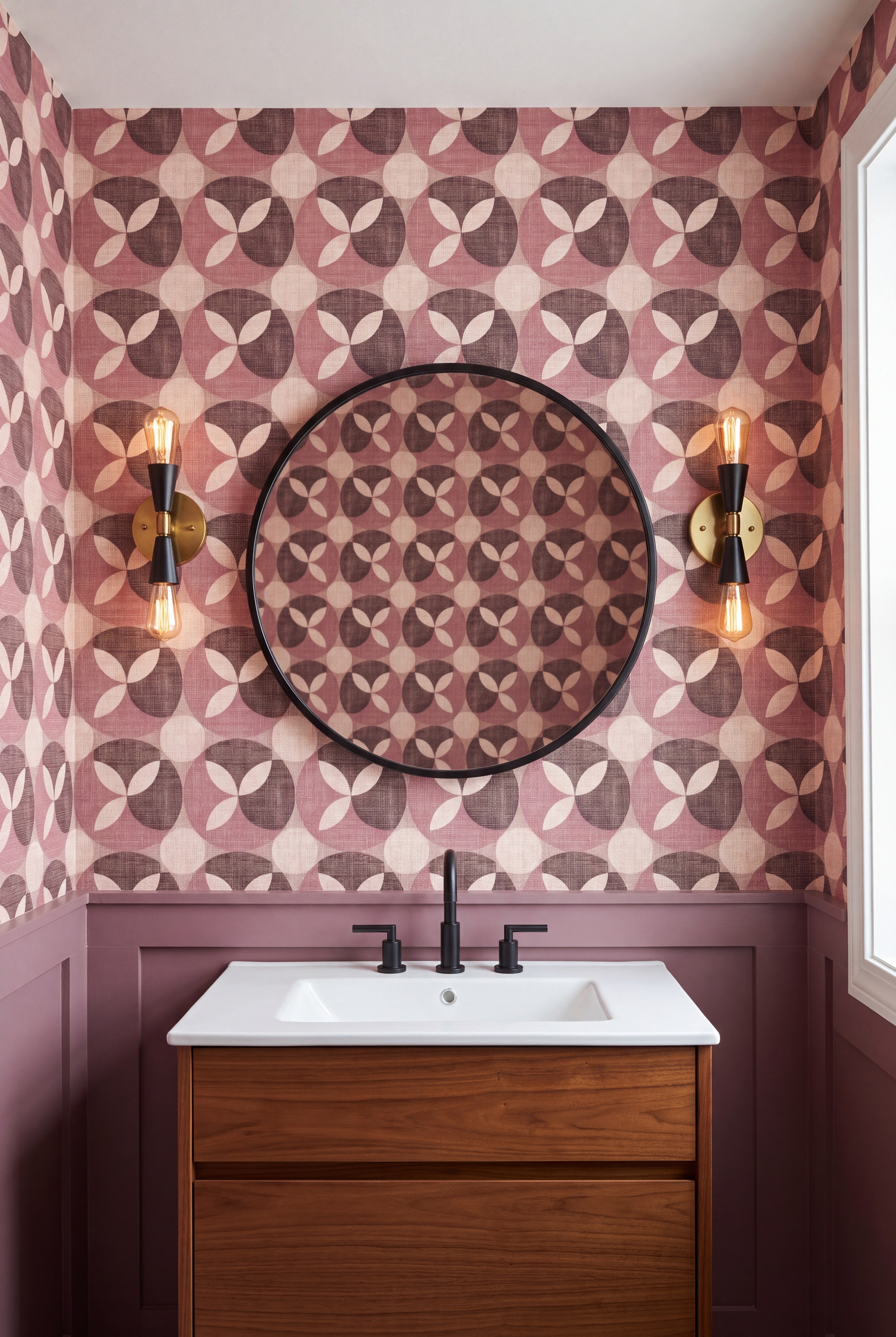 Rosewood Petal wallpaper shown in a powder room
