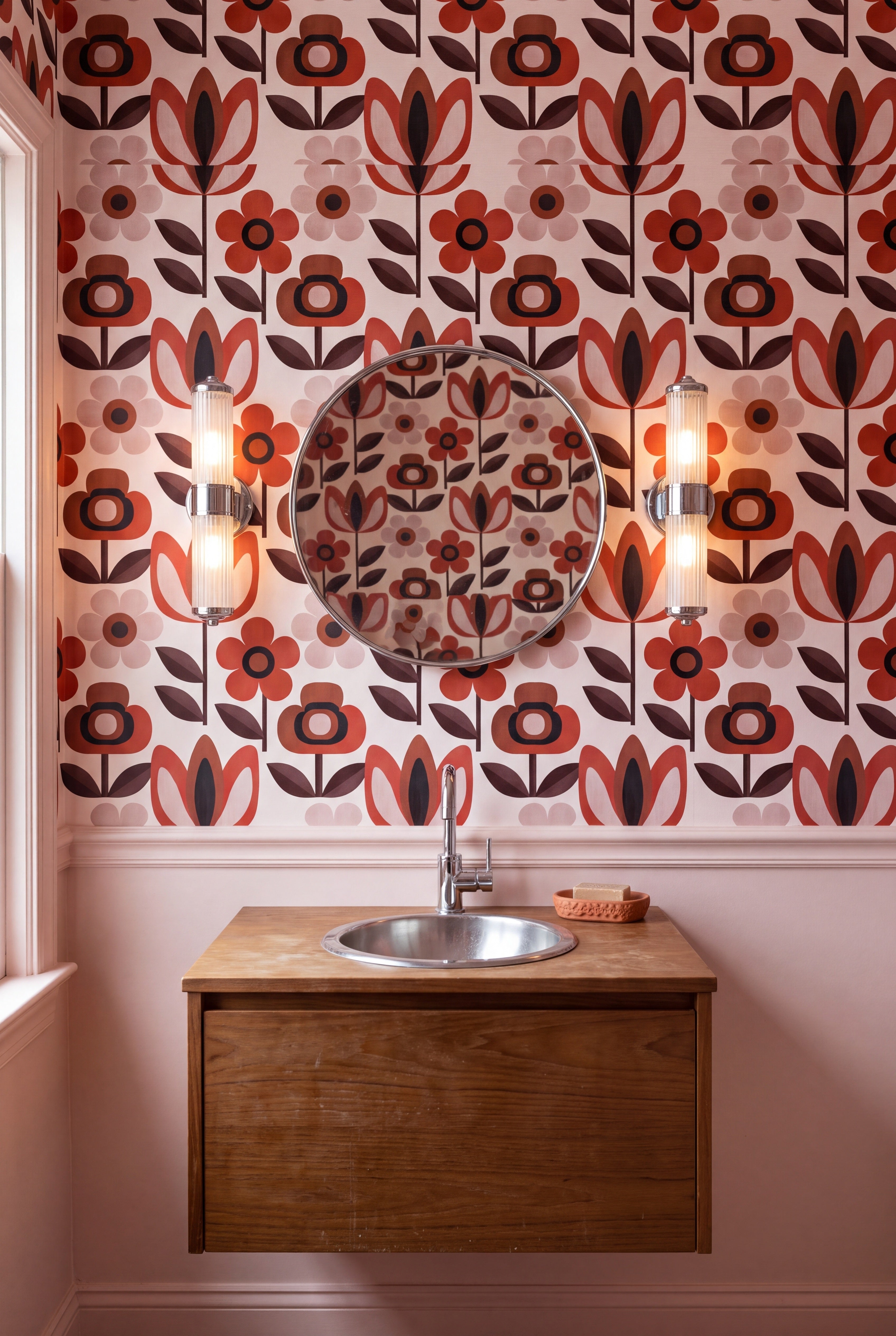 Scarlet Daisy wallpaper shown in a powder room